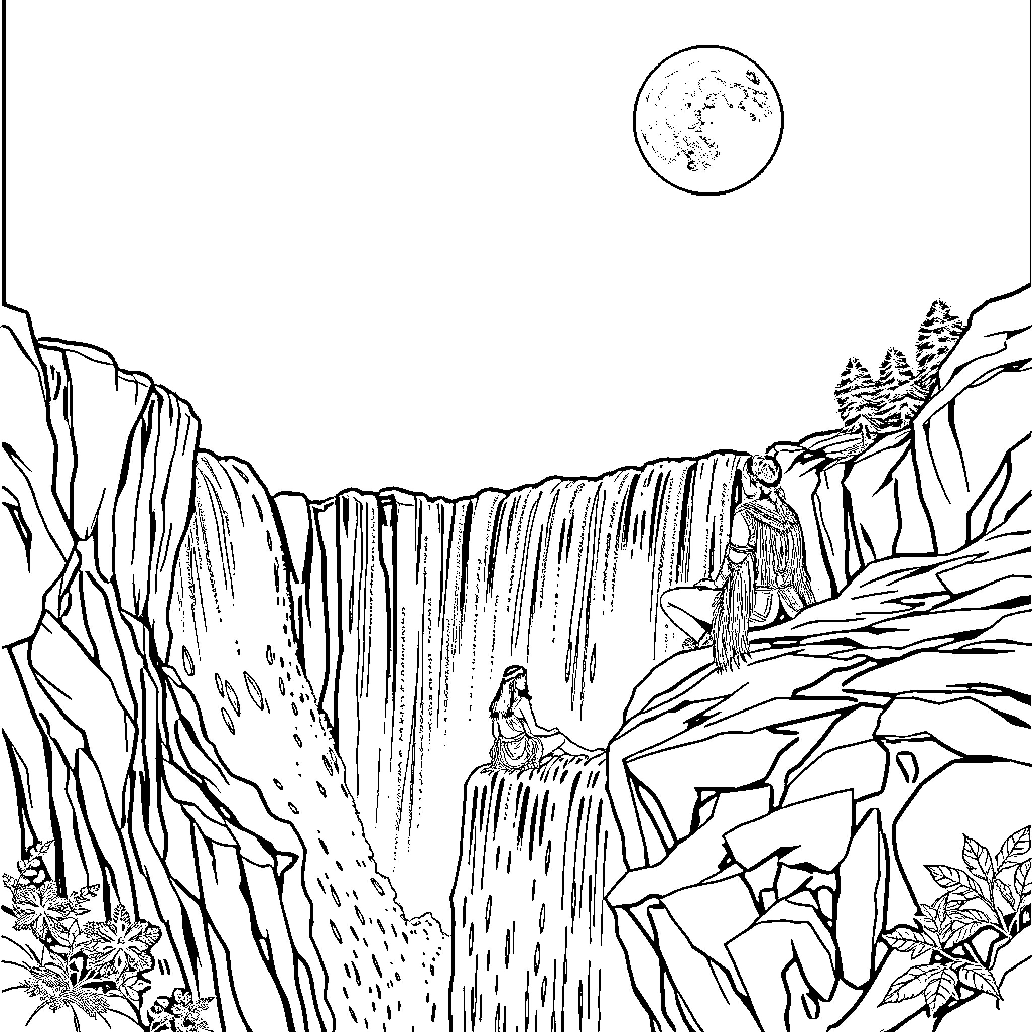 Native American figures observing a majestic waterfall Coloring Page (free black-and-white line drawing printable PDF for all, from beginners to advanced learners, including children, teens, adults, and seniors)