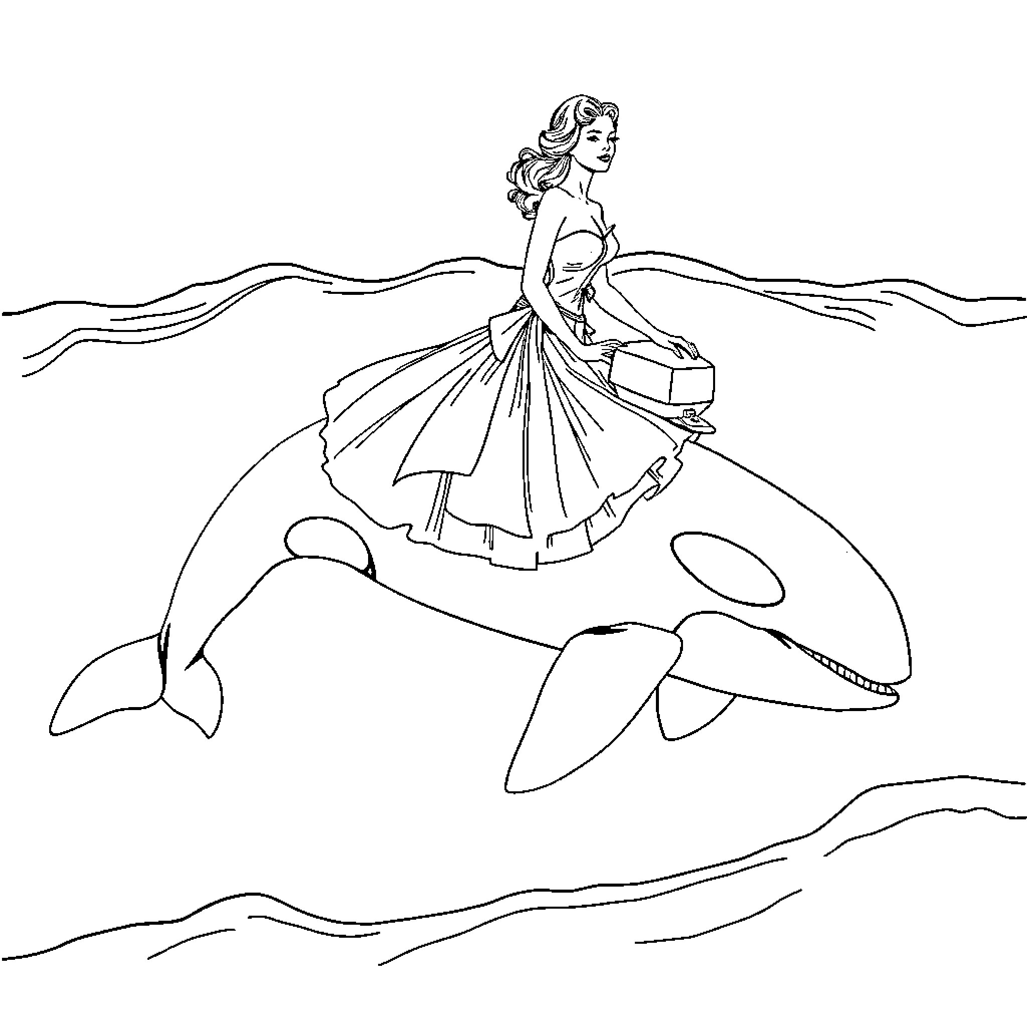 Model riding on a whale in the ocean Coloring Page (free black-and-white line drawing printable PDF for all, from beginners to advanced learners, including children, teens, adults, and seniors)