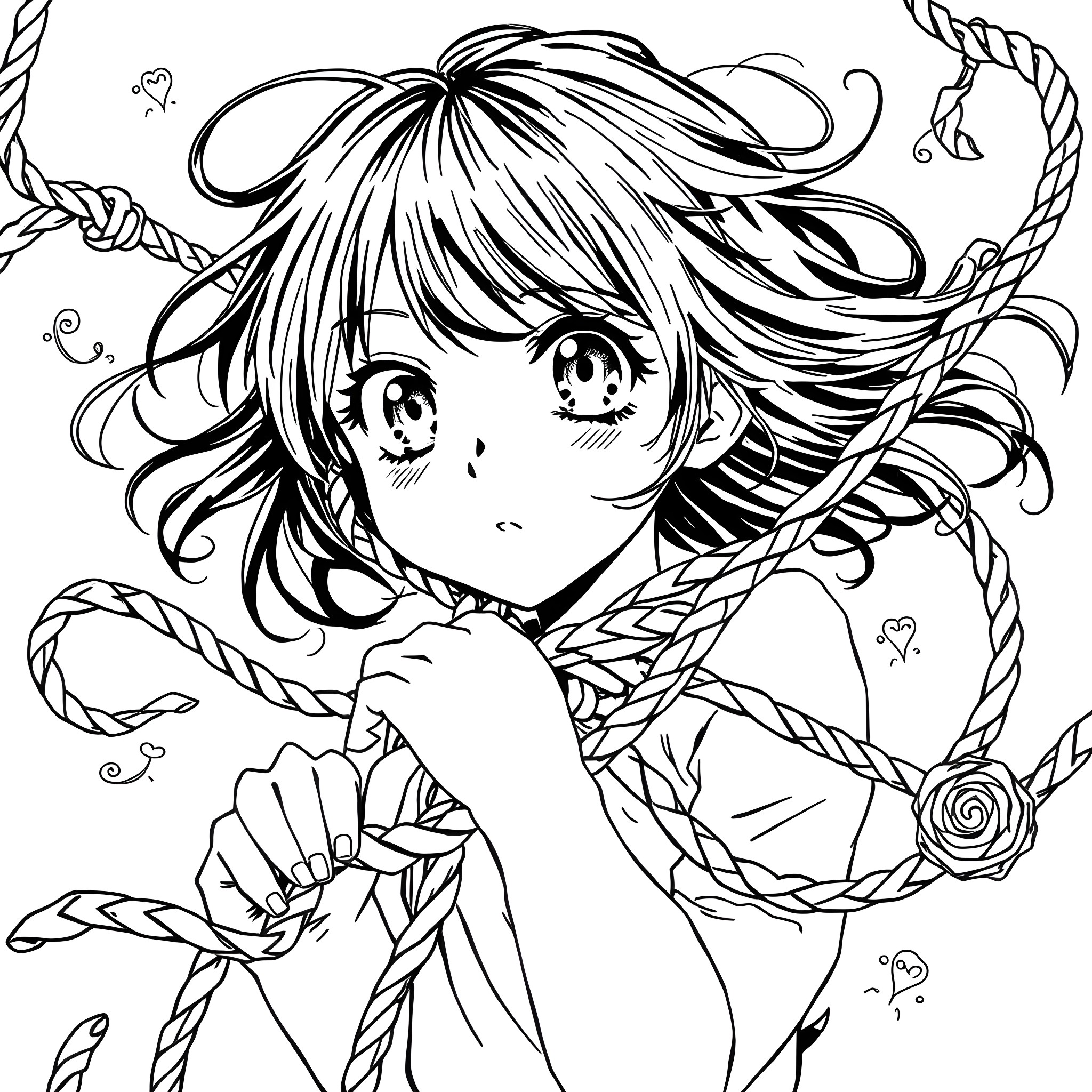 Anime Girl with Flowing Hair and Ropes Coloring Page (free black-and-white line drawing printable PDF for all, from beginners to advanced learners, including children, teens, adults, and seniors)