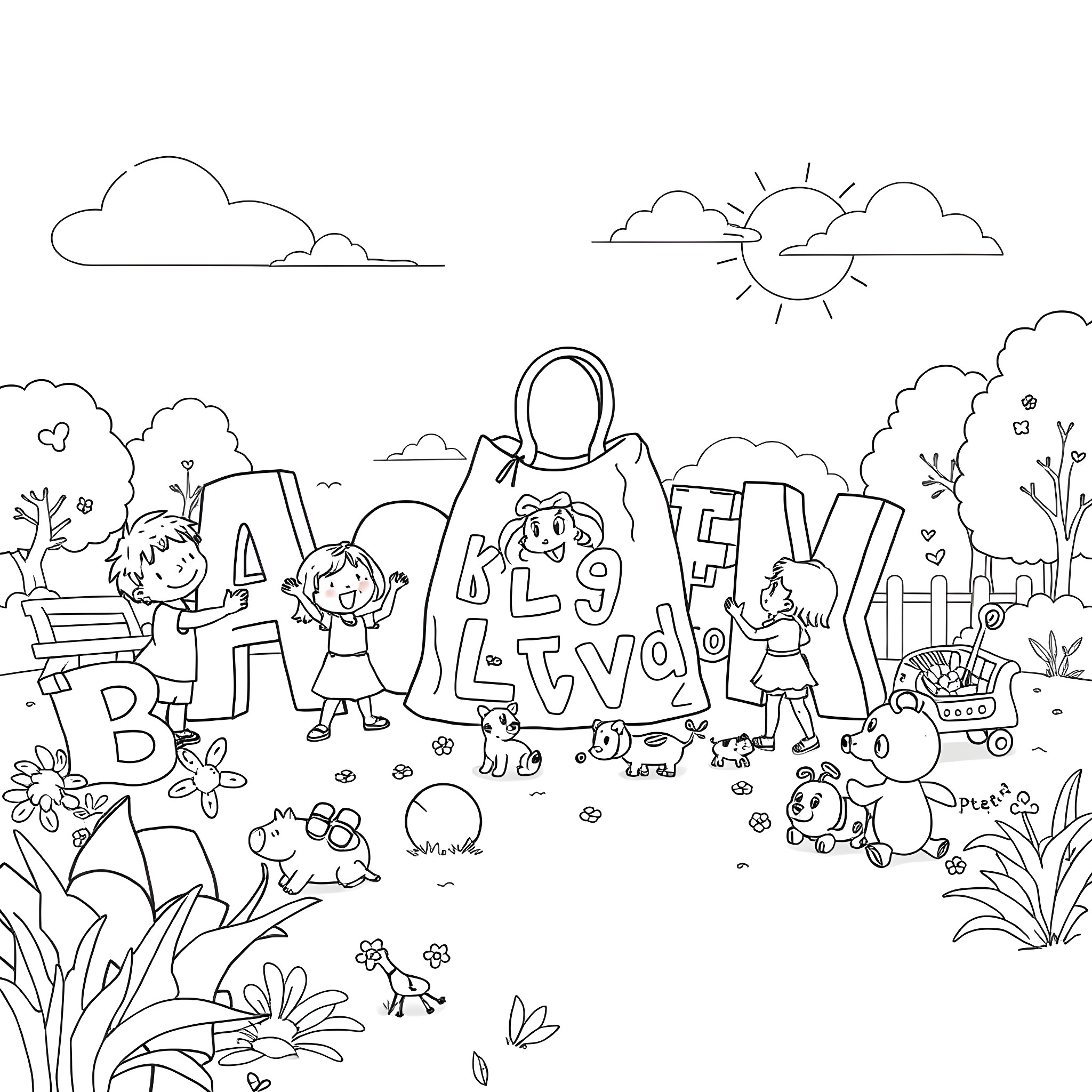 Alphabet playground filled with lively activities Coloring Page (free black-and-white line drawing printable PDF for all, from beginners to advanced learners, including children, teens, adults, and seniors)