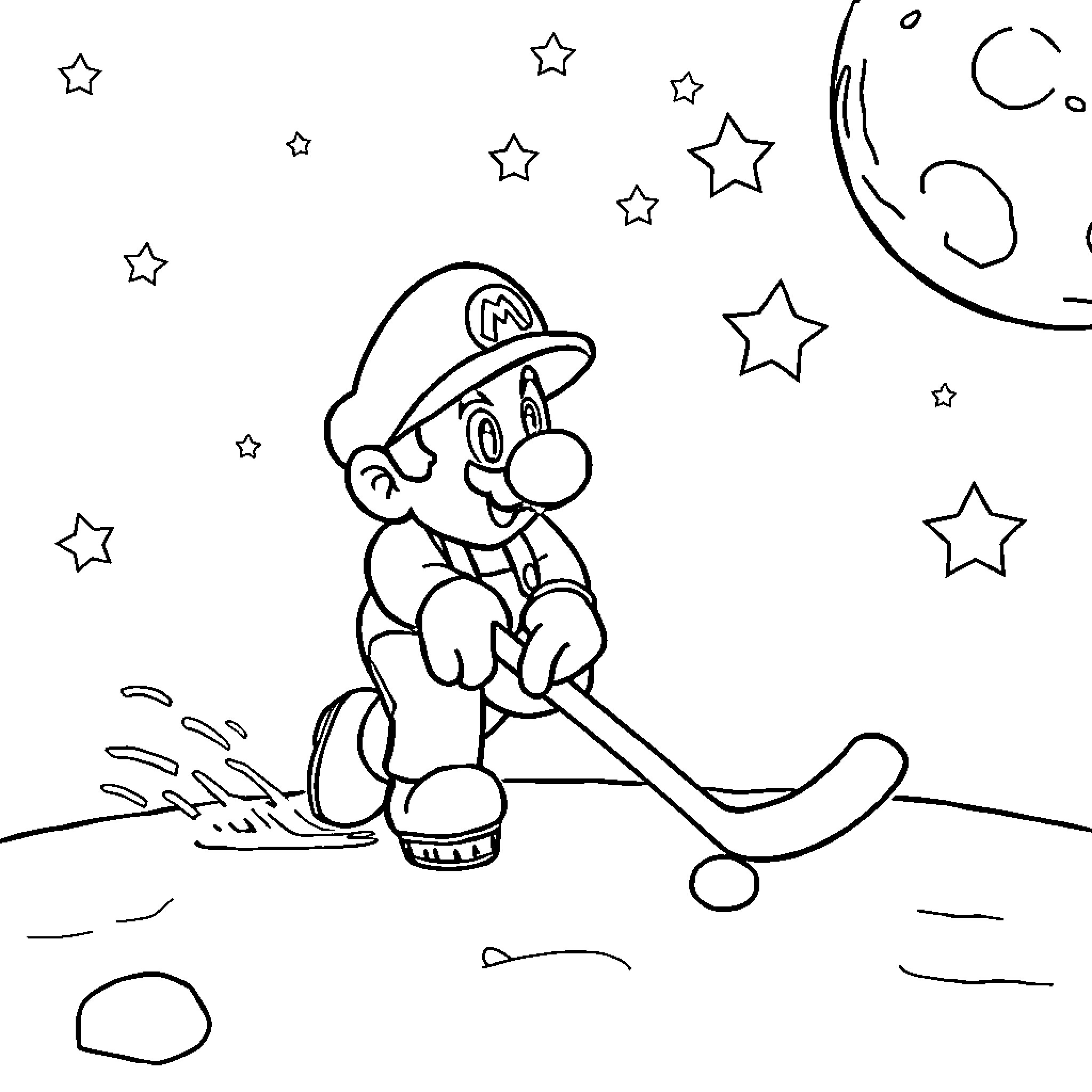 Mario playing in the starry night Coloring Page (free black-and-white line drawing printable PDF for all, from beginners to advanced learners, including children, teens, adults, and seniors)