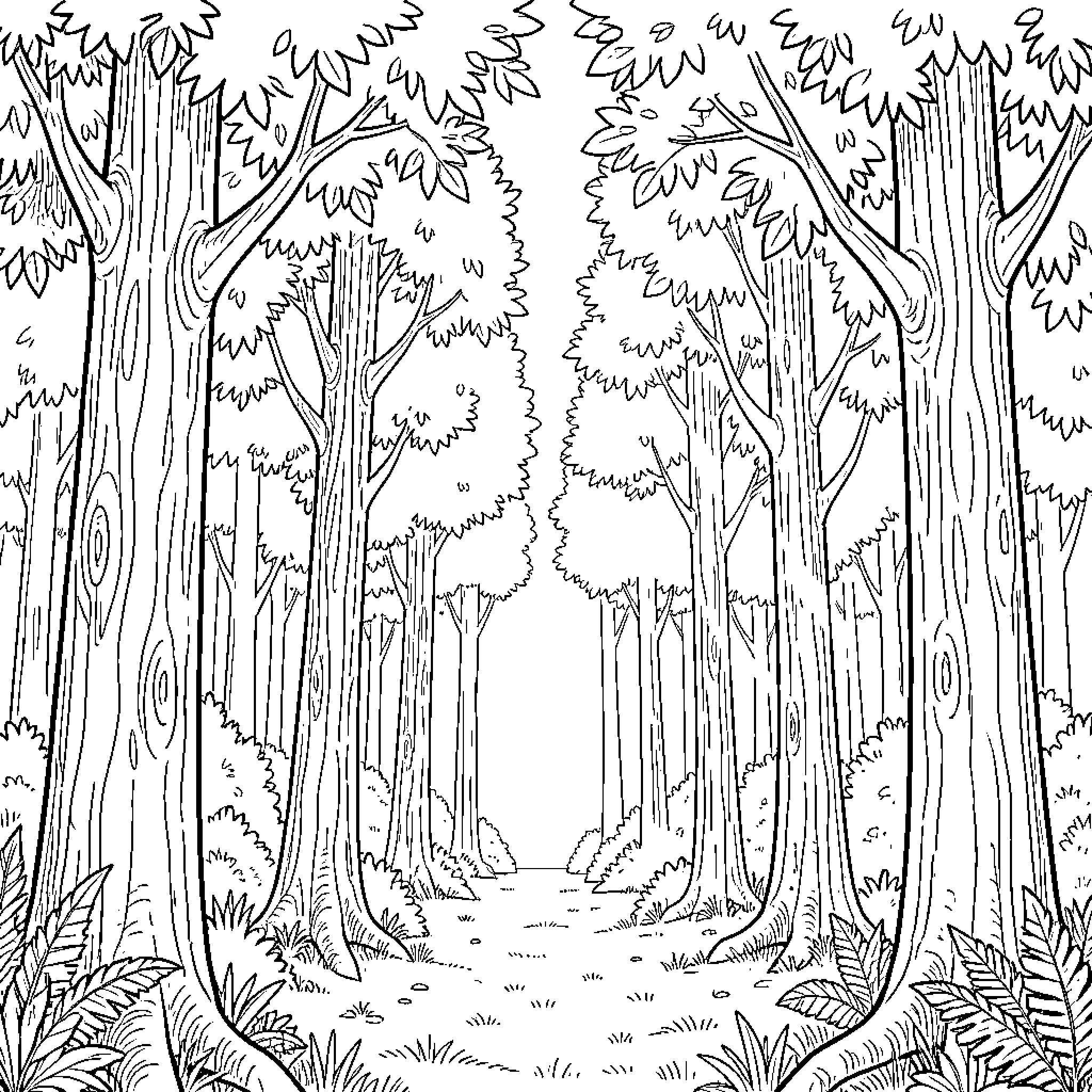 Forest path through dense woodland scenery Coloring Page (free black-and-white line drawing printable PDF for all, from beginners to advanced learners, including children, teens, adults, and seniors)