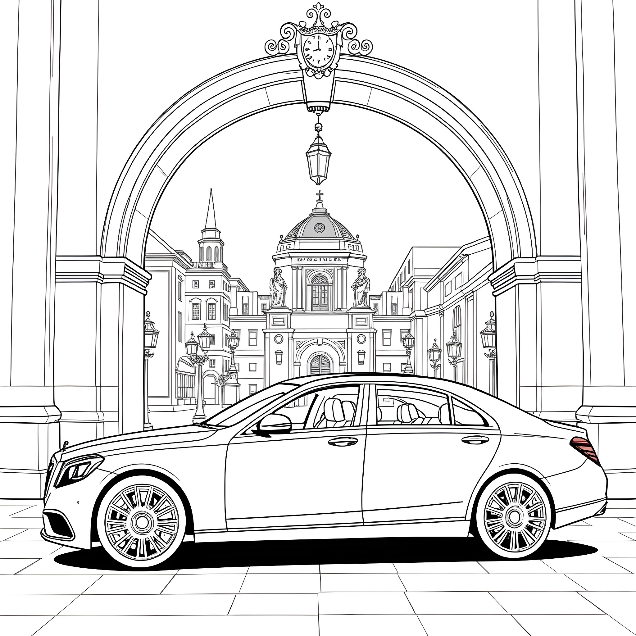 Mercedes Maybach luxury sedan in a historic city street Coloring Page (free black-and-white line drawing printable PDF for all, from beginners to advanced learners, including children, teens, adults, and seniors)