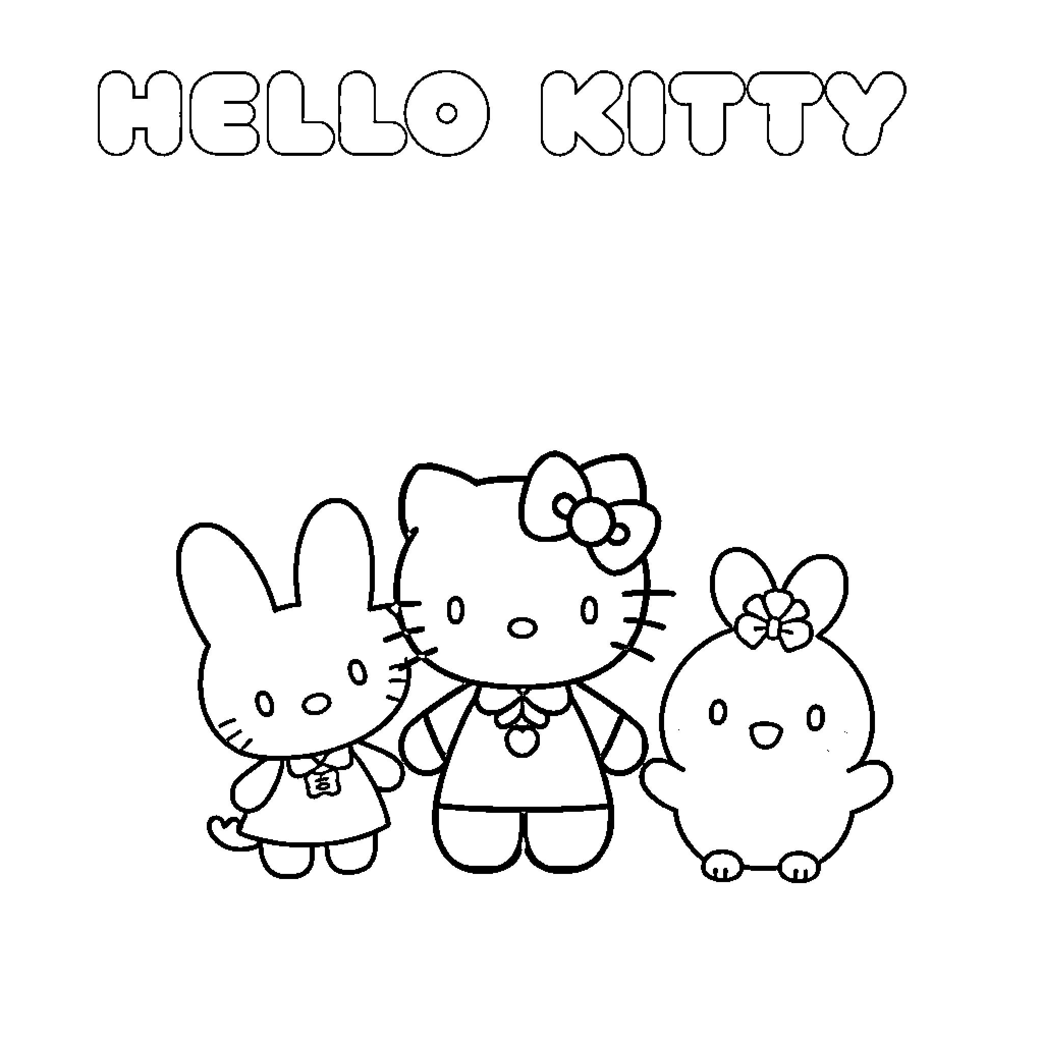 Hello Kitty and Friends Having Fun Coloring Page (free black-and-white line drawing printable PDF for all, from beginners to advanced learners, including children, teens, adults, and seniors)