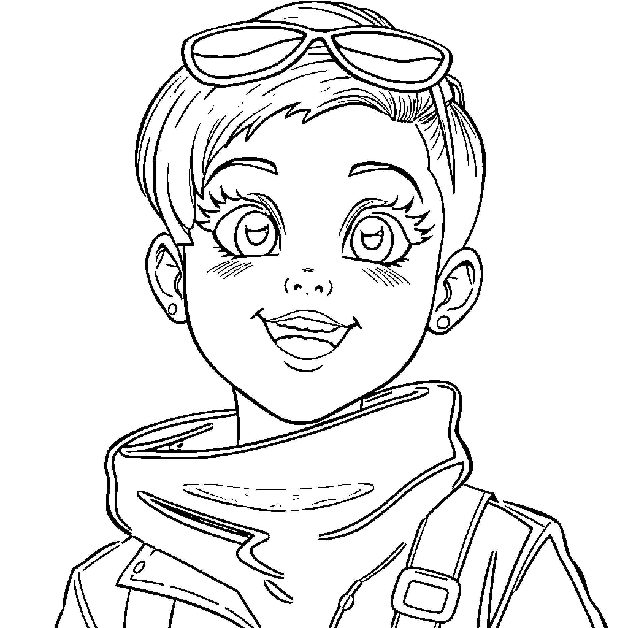 Bulma smiles confidently in her futuristic outfit Coloring Page (free black-and-white line drawing printable PDF for all, from beginners to advanced learners, including children, teens, adults, and seniors)
