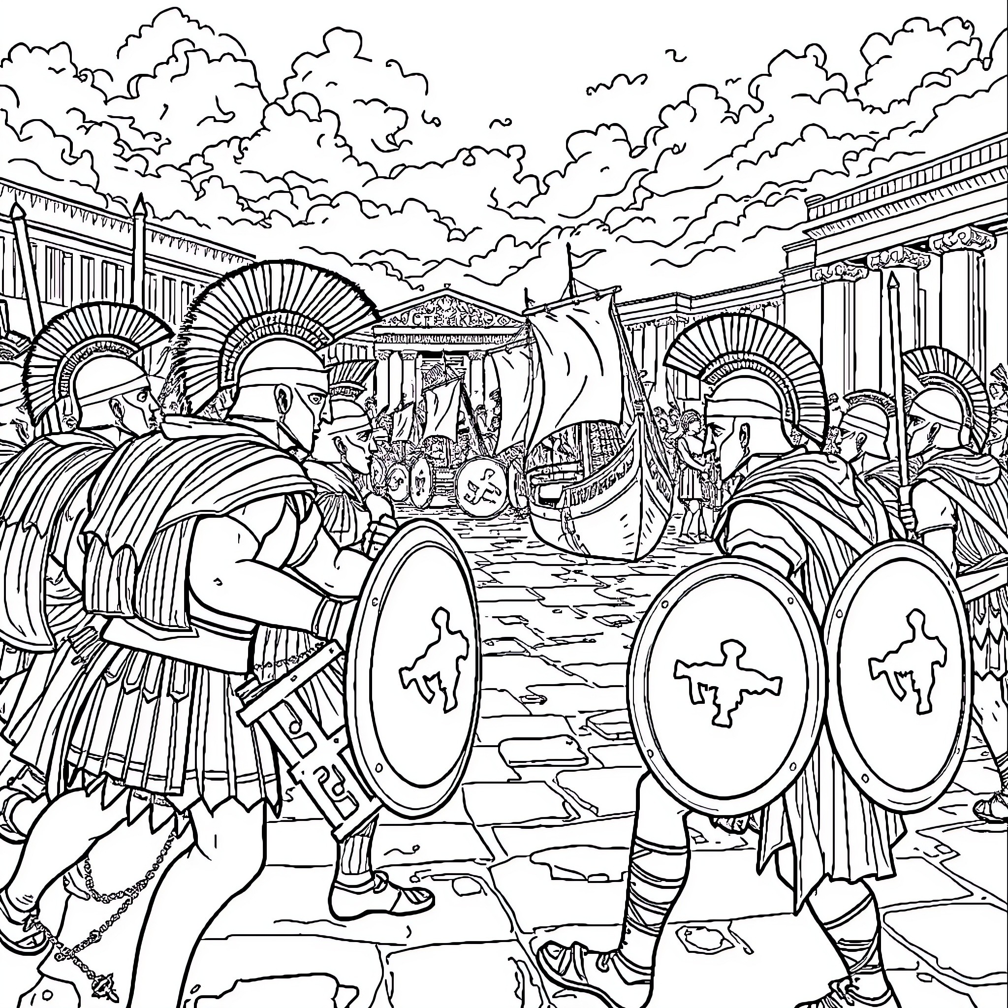 Spartan Warriors Marching in Ancient City Coloring Page (free black-and-white line drawing printable PDF for all, from beginners to advanced learners, including children, teens, adults, and seniors)