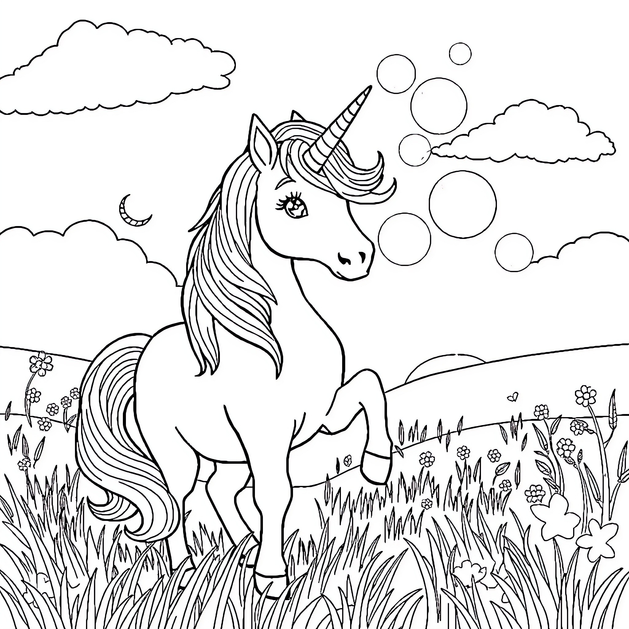 Unicorn Galloping Through Magical Meadow with Bubbles Coloring Page (free black-and-white line drawing printable PDF for all, from beginners to advanced learners, including children, teens, adults, and seniors)