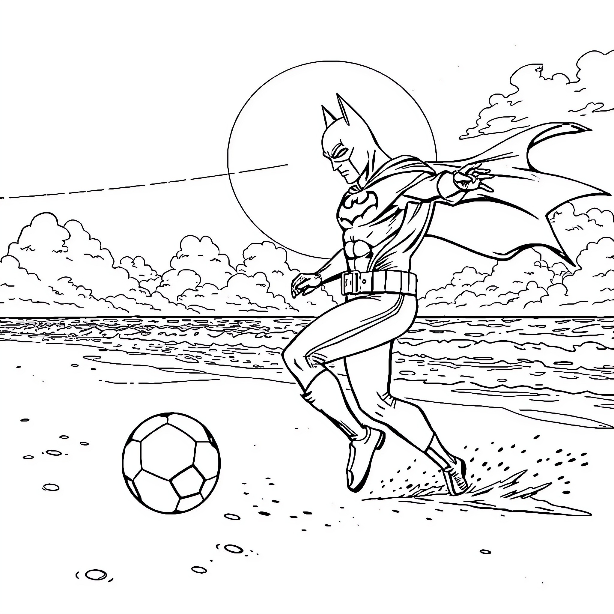 Batman playing soccer on the beach Coloring Page (free black-and-white line drawing printable PDF for all, from beginners to advanced learners, including children, teens, adults, and seniors)
