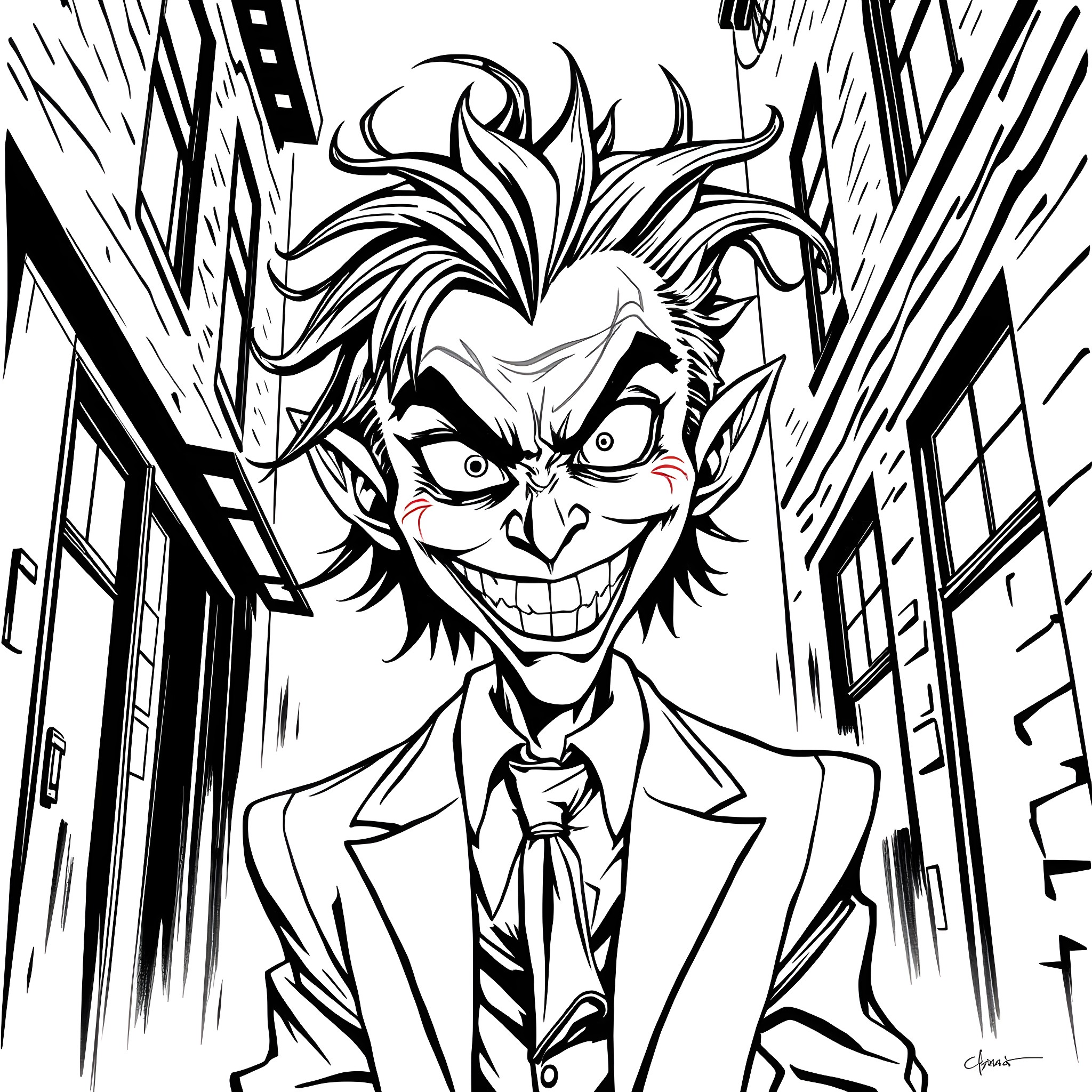 Goblin Joker's Mischievous Mayhem Coloring Page (free black-and-white line drawing printable PDF for all, from beginners to advanced learners, including children, teens, adults, and seniors)