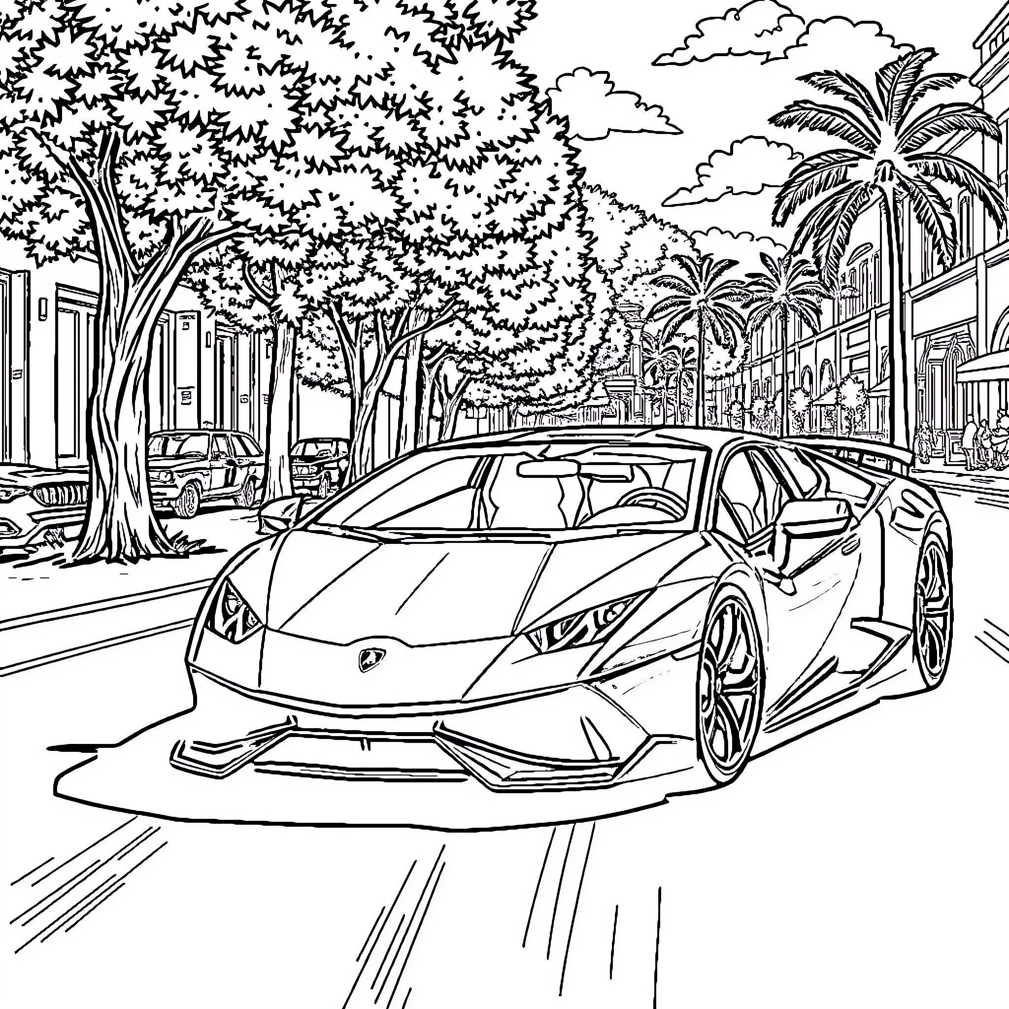 Inkling of a Luxurious Ride in a Tropical Setting Coloring Page (free black-and-white line drawing printable PDF for all, from beginners to advanced learners, including children, teens, adults, and seniors)