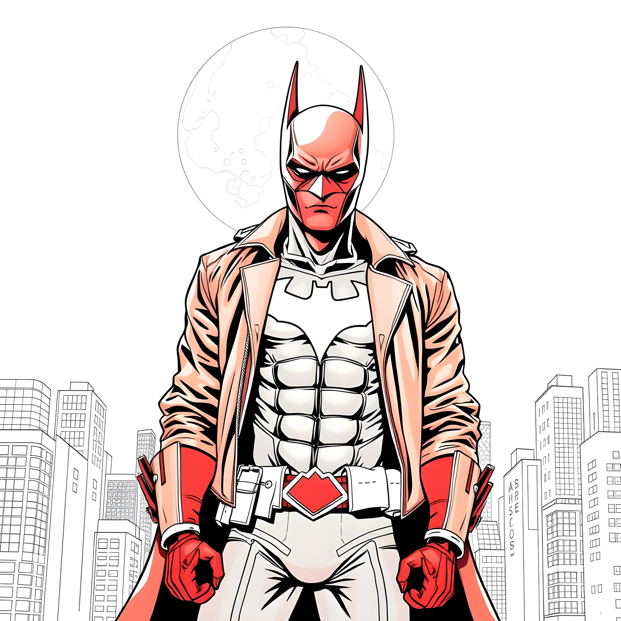 Red Hood in Heroic Pose Amid Cityscape Coloring Page (free black-and-white line drawing printable PDF for all, from beginners to advanced learners, including children, teens, adults, and seniors)