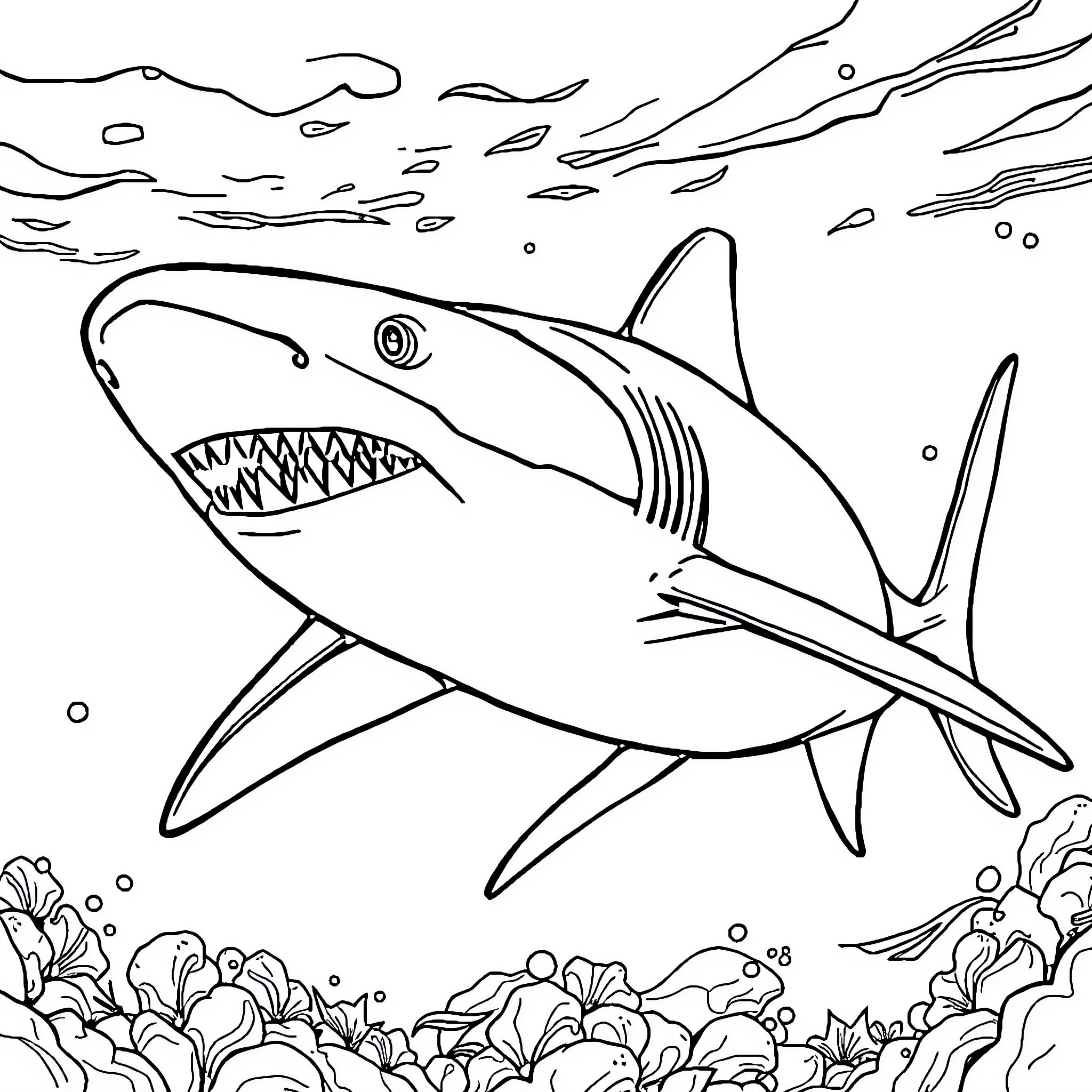 Mako Siren swimming through the ocean depths Coloring Page (free black-and-white line drawing printable PDF for all, from beginners to advanced learners, including children, teens, adults, and seniors)