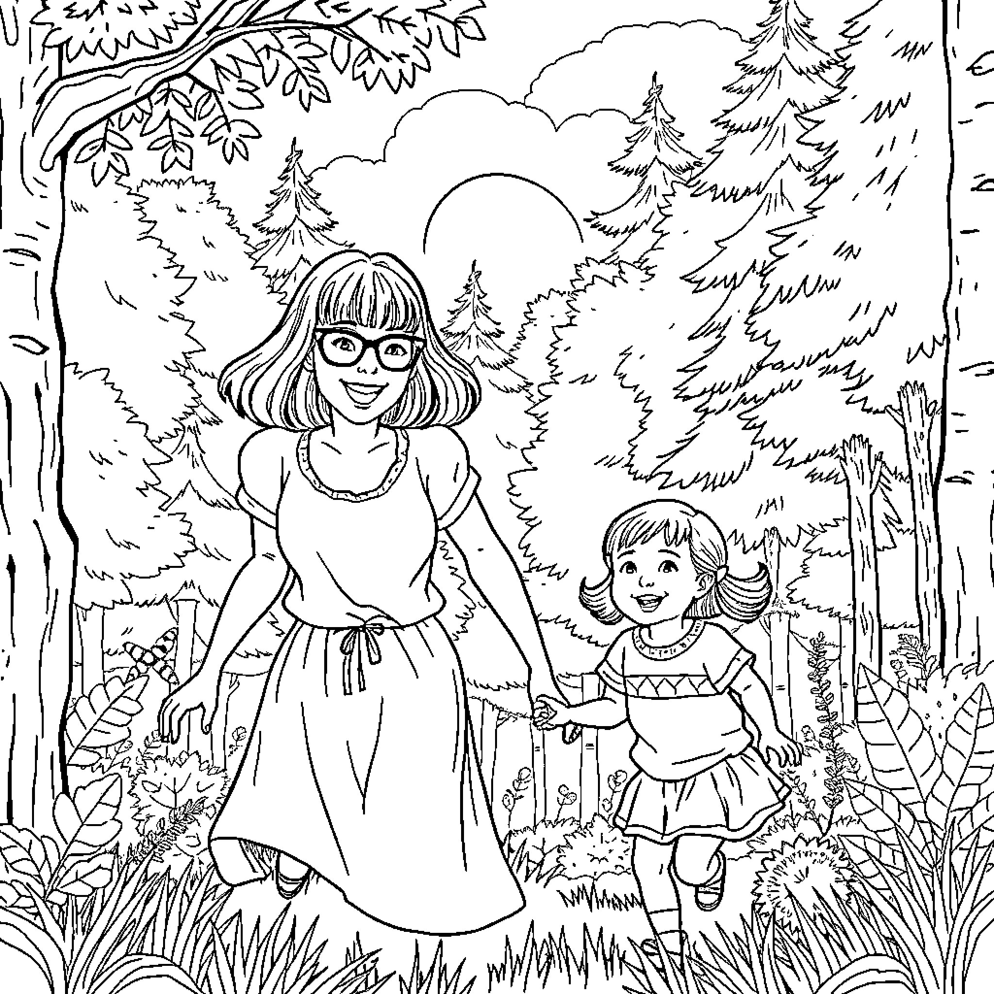 Woman and girl exploring the forest together Coloring Page (free black-and-white line drawing printable PDF for all, from beginners to advanced learners, including children, teens, adults, and seniors)