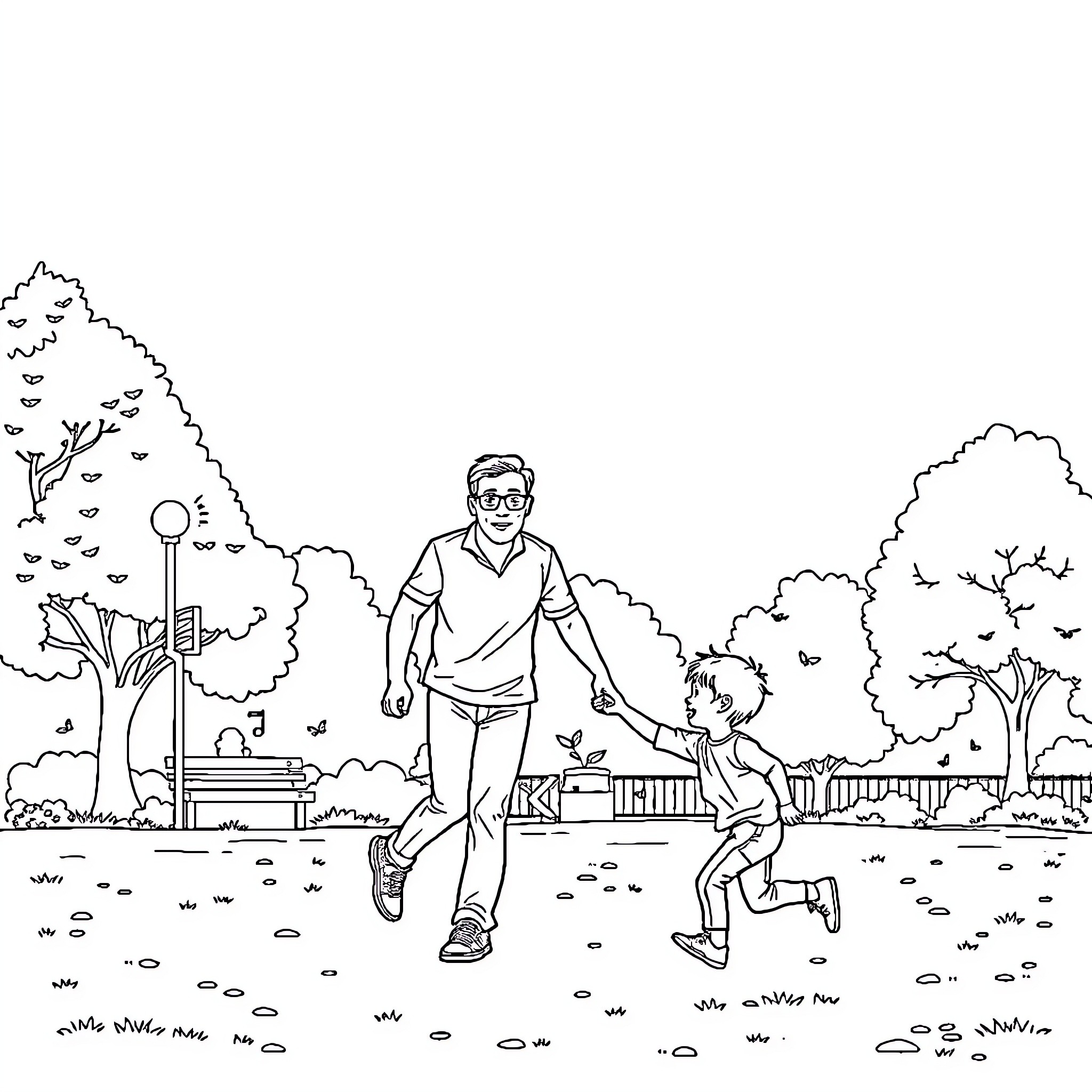 Father and child playing joyfully in the park Coloring Page (free black-and-white line drawing printable PDF for all, from beginners to advanced learners, including children, teens, adults, and seniors)