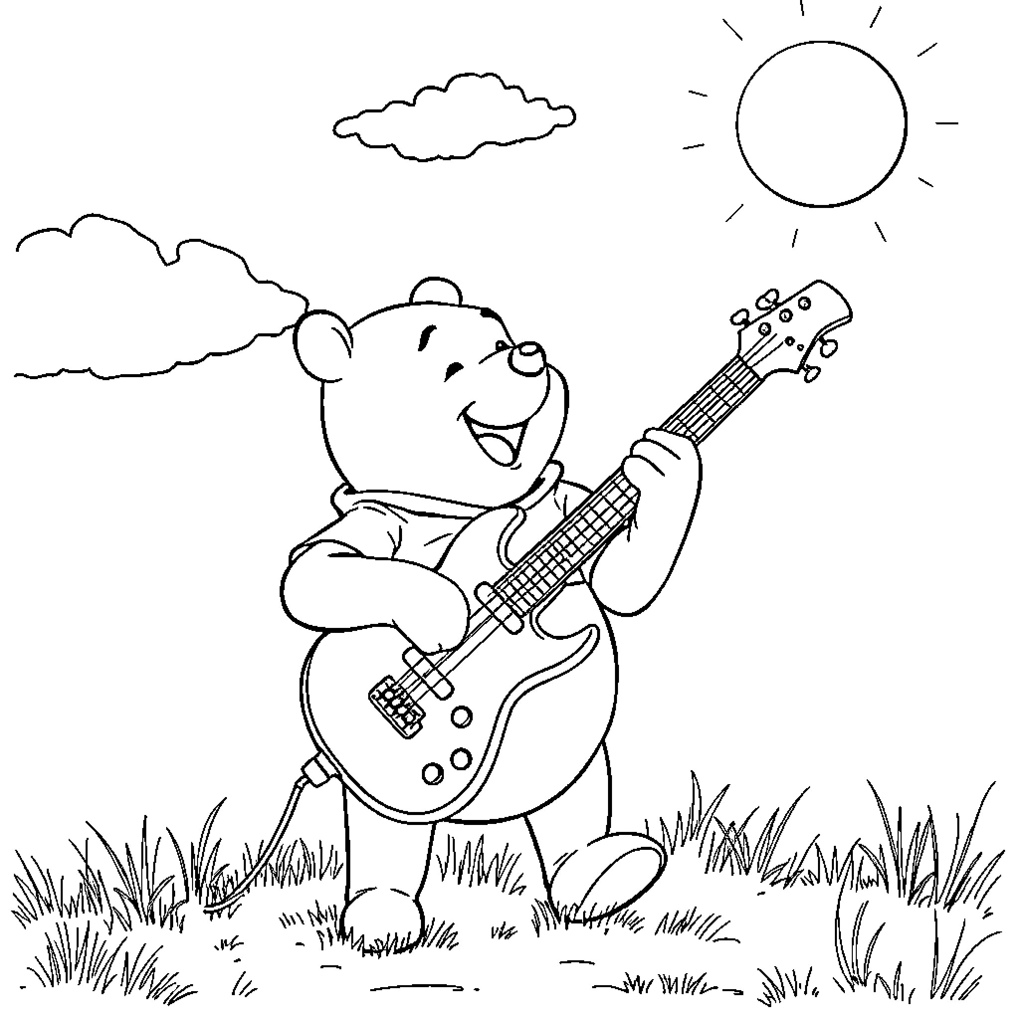 Winnie The Pooh playing guitar in a sunny field Coloring Page (free black-and-white line drawing printable PDF for all, from beginners to advanced learners, including children, teens, adults, and seniors)