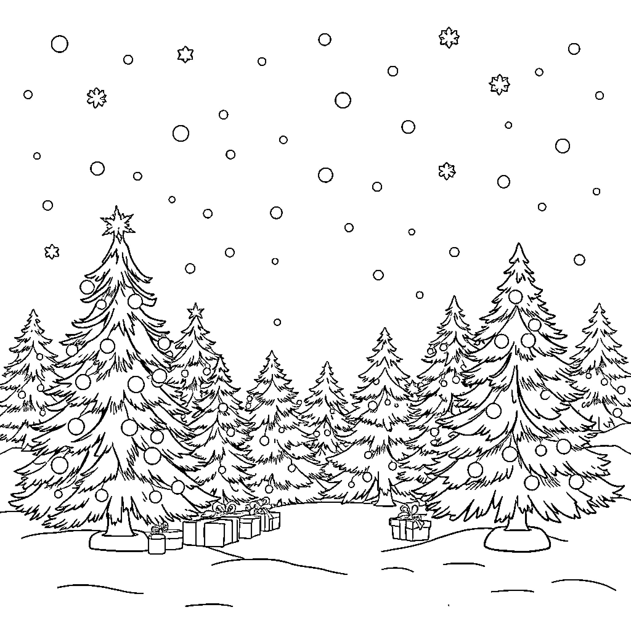 Christmas trees and snowy forest scene Coloring Page (free black-and-white line drawing printable PDF for all, from beginners to advanced learners, including children, teens, adults, and seniors)