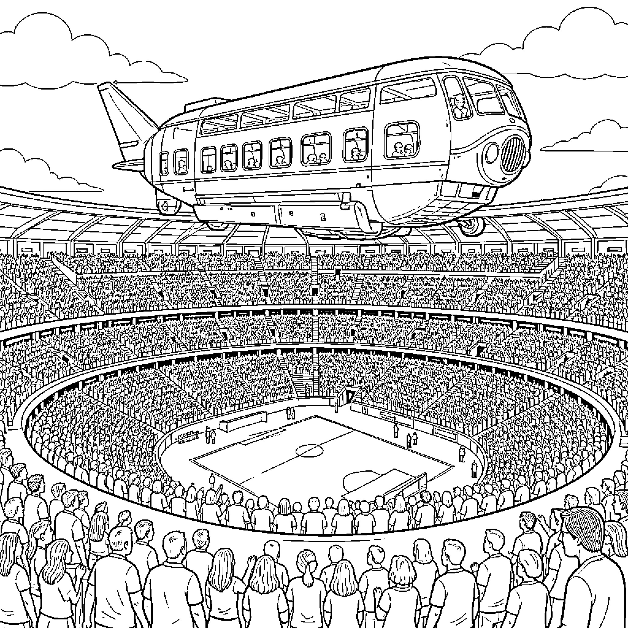 Estadio Azteca with a large airplane flying overhead Coloring Page (free black-and-white line drawing printable PDF for all, from beginners to advanced learners, including children, teens, adults, and seniors)