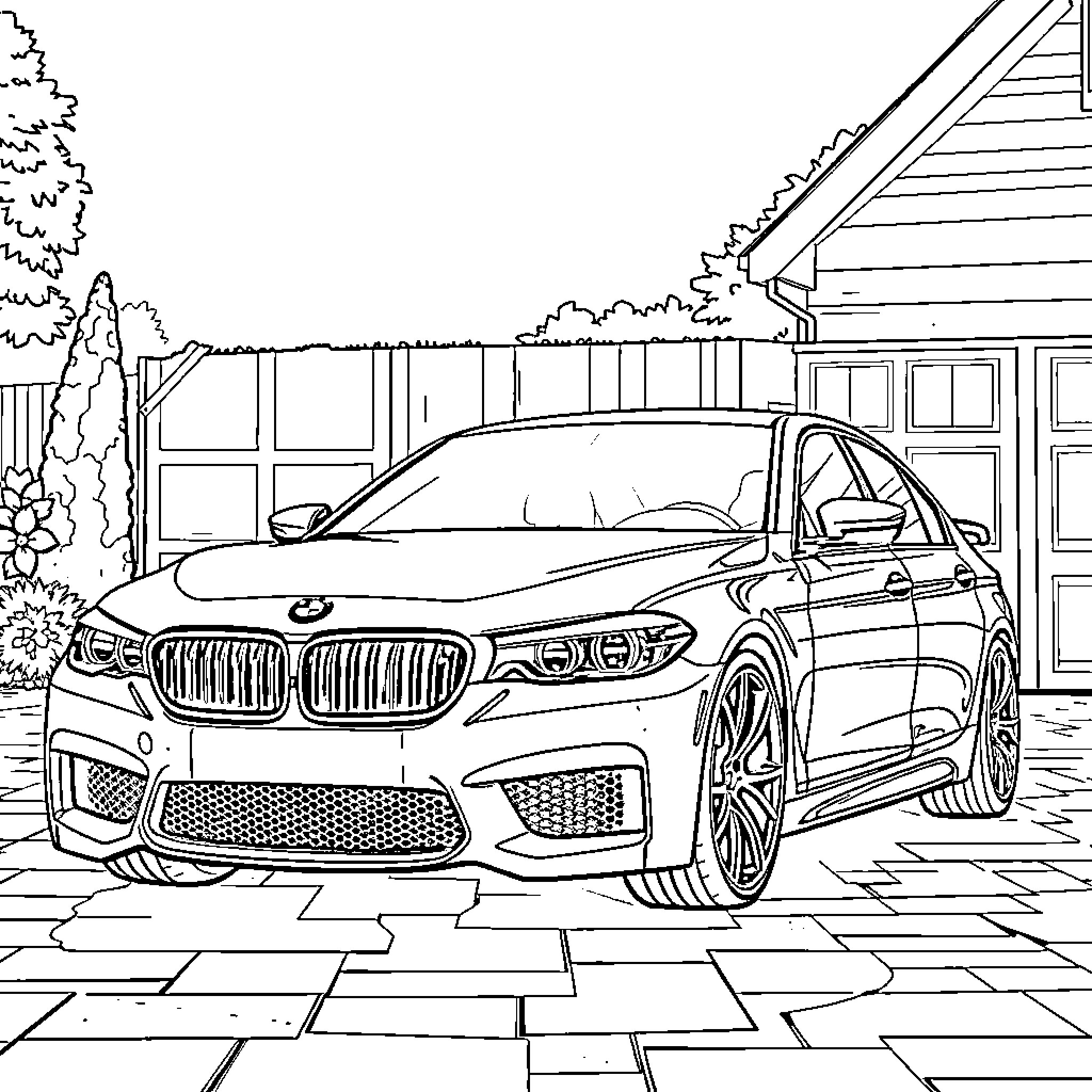 BMW M5 parked in front of a residential house Coloring Page (free black-and-white line drawing printable PDF for all, from beginners to advanced learners, including children, teens, adults, and seniors)
