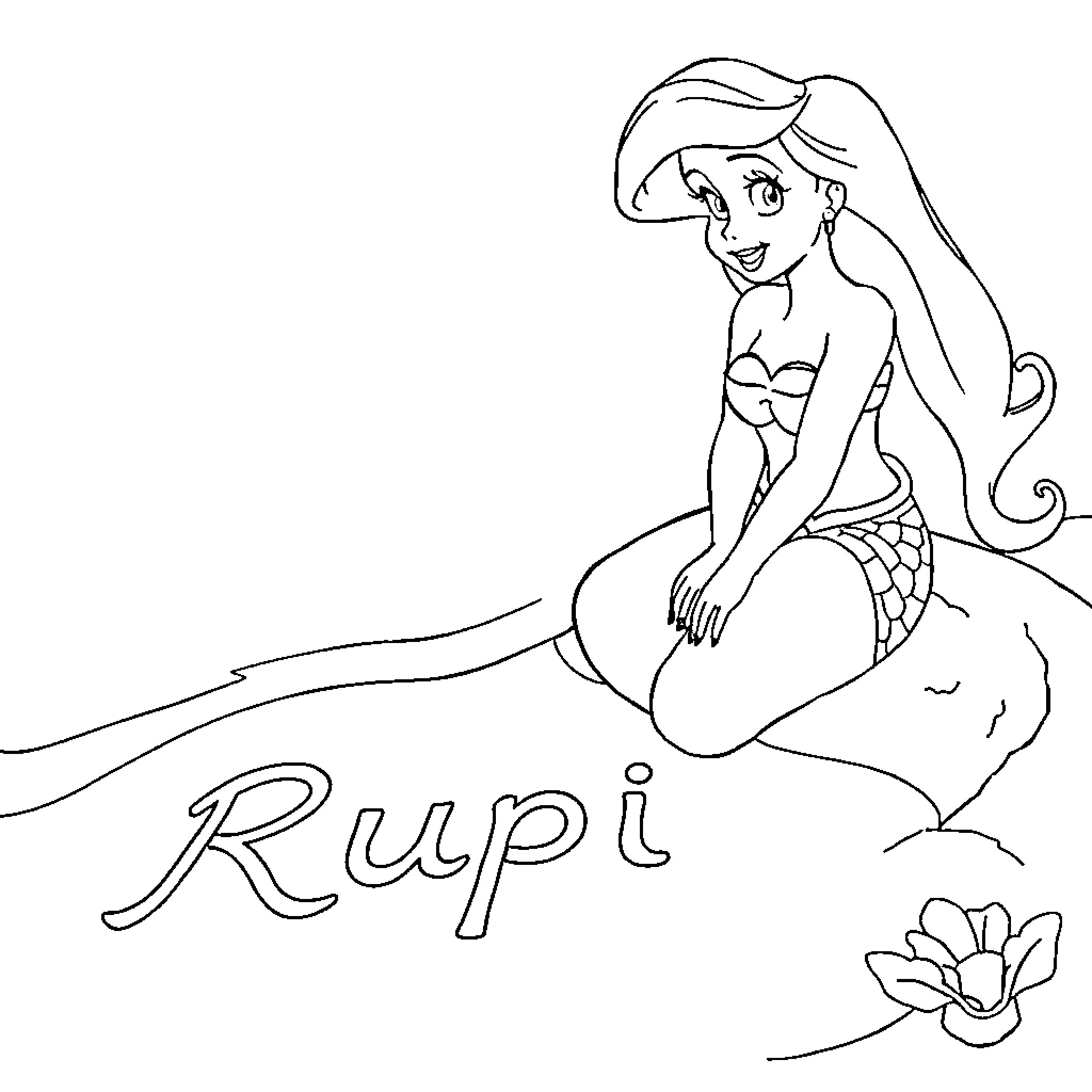 Ariel the mermaid sitting on a rock Coloring Page (free black-and-white line drawing printable PDF for all, from beginners to advanced learners, including children, teens, adults, and seniors)