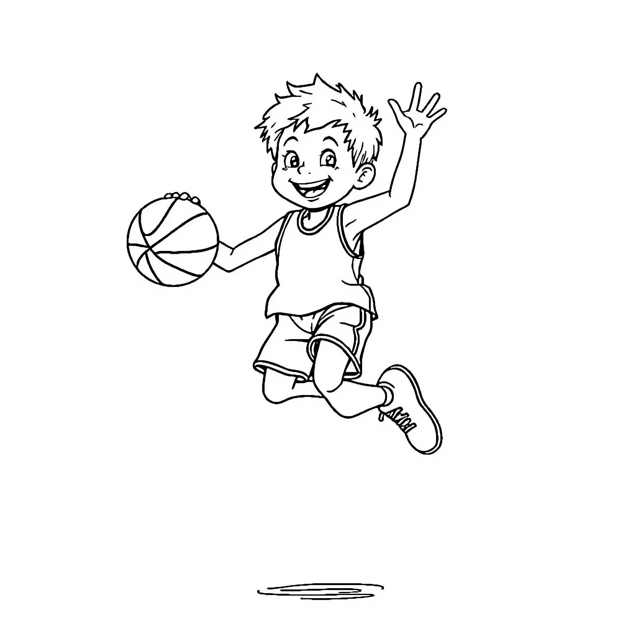 Child Basketball Player Dribbling and Jumping Excitedly Coloring Page (free black-and-white line drawing printable PDF for all, from beginners to advanced learners, including children, teens, adults, and seniors)