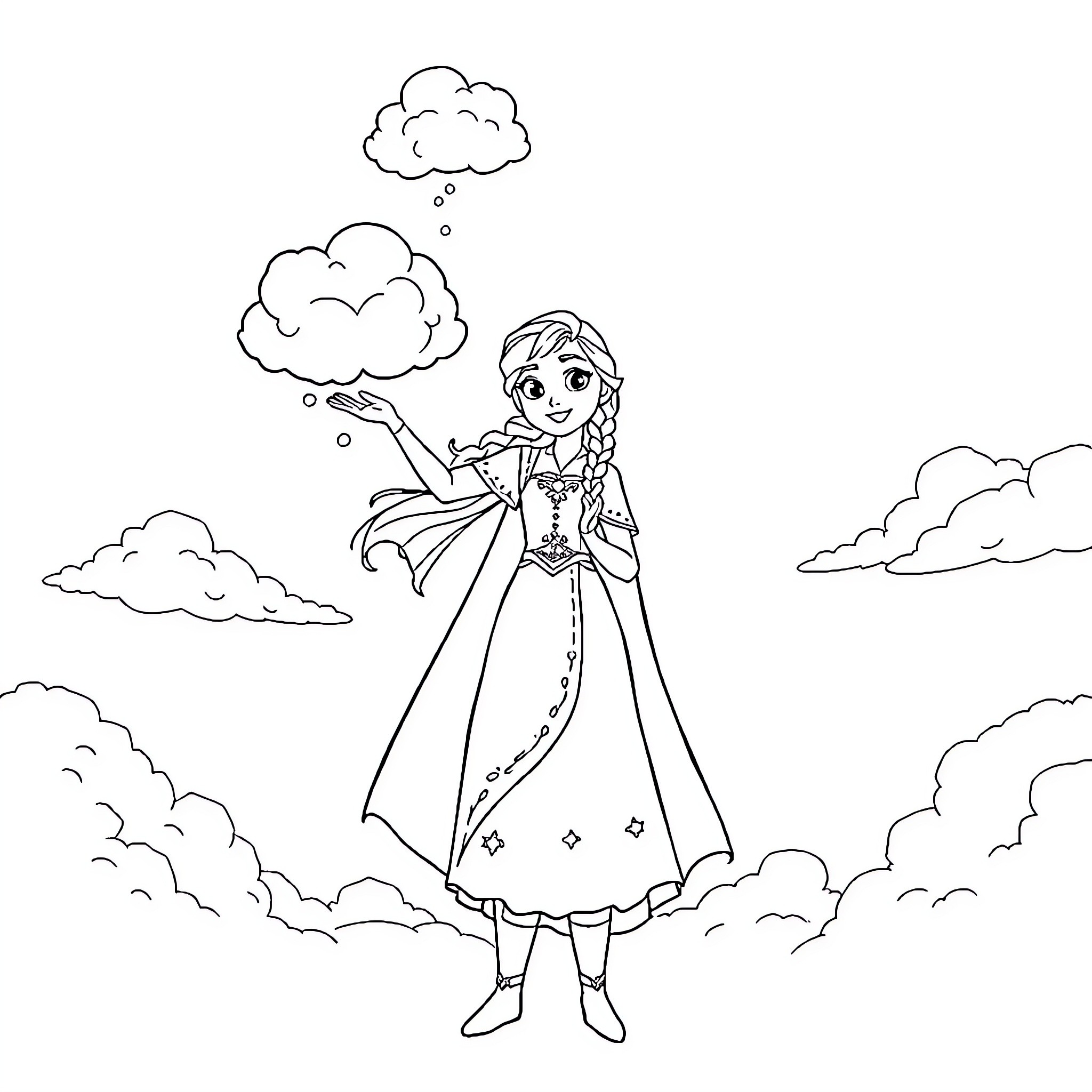 Anna daydreaming in the clouds Coloring Page (free black-and-white line drawing printable PDF for all, from beginners to advanced learners, including children, teens, adults, and seniors)