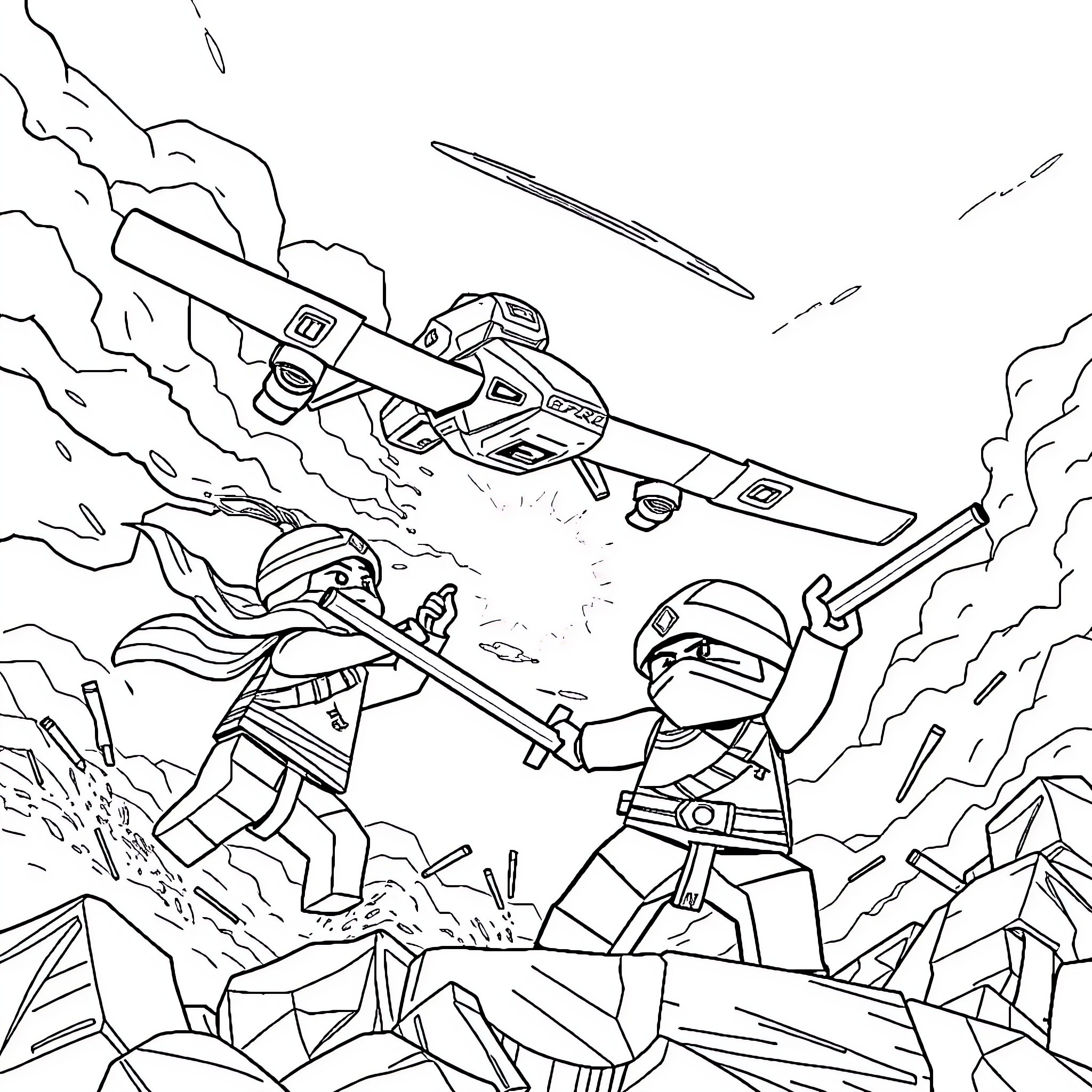 Ninjago warriors battling with weapons in a fierce combat scene Coloring Page (free black-and-white line drawing printable PDF for all, from beginners to advanced learners, including children, teens, adults, and seniors)