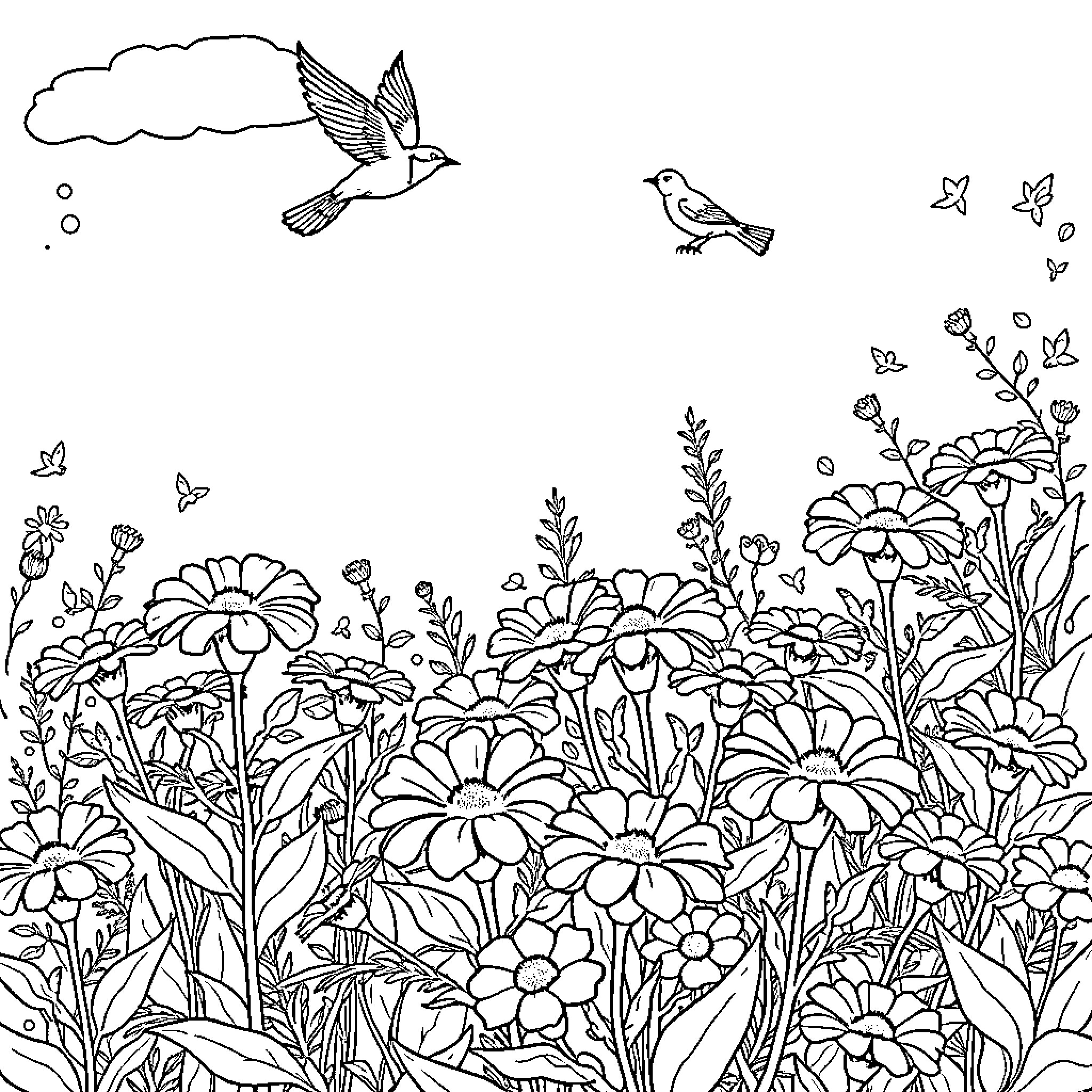 Bird flying amidst a field of blooming flowers Coloring Page (free black-and-white line drawing printable PDF for all, from beginners to advanced learners, including children, teens, adults, and seniors)