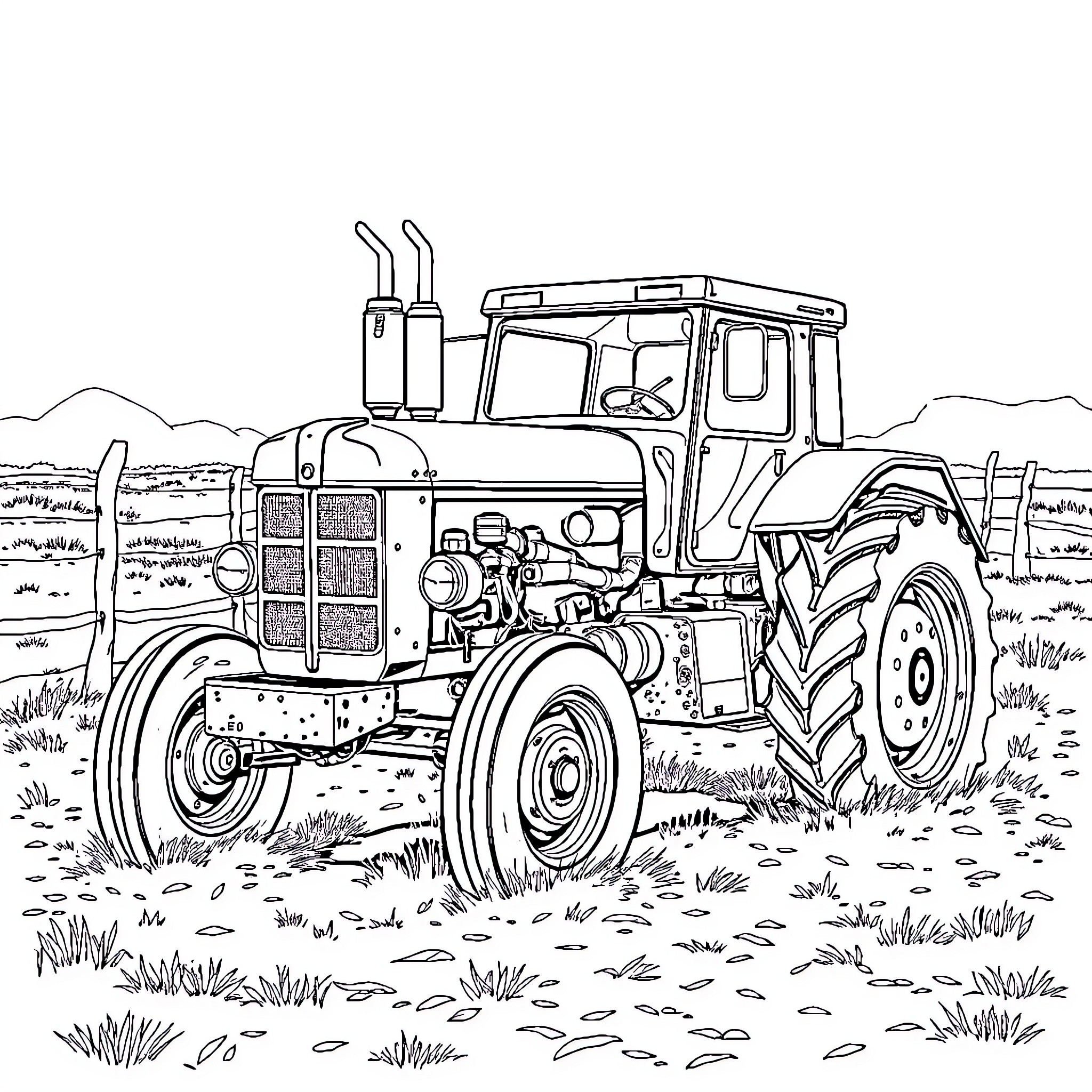 Tractor plowing the field in countryside landscape Coloring Page (free black-and-white line drawing printable PDF for all, from beginners to advanced learners, including children, teens, adults, and seniors)