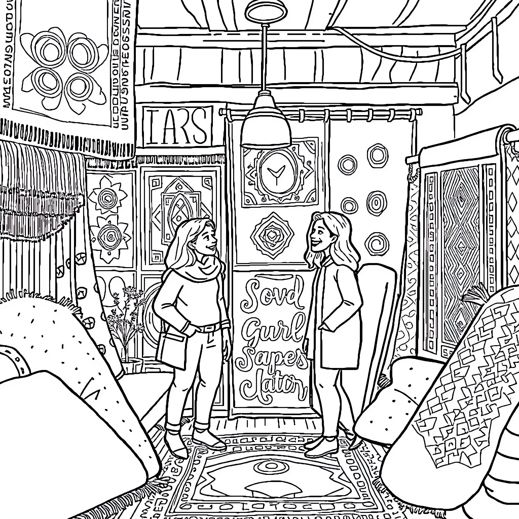 Person shopping in a unique and colorful store Coloring Page (free black-and-white line drawing printable PDF for all, from beginners to advanced learners, including children, teens, adults, and seniors)