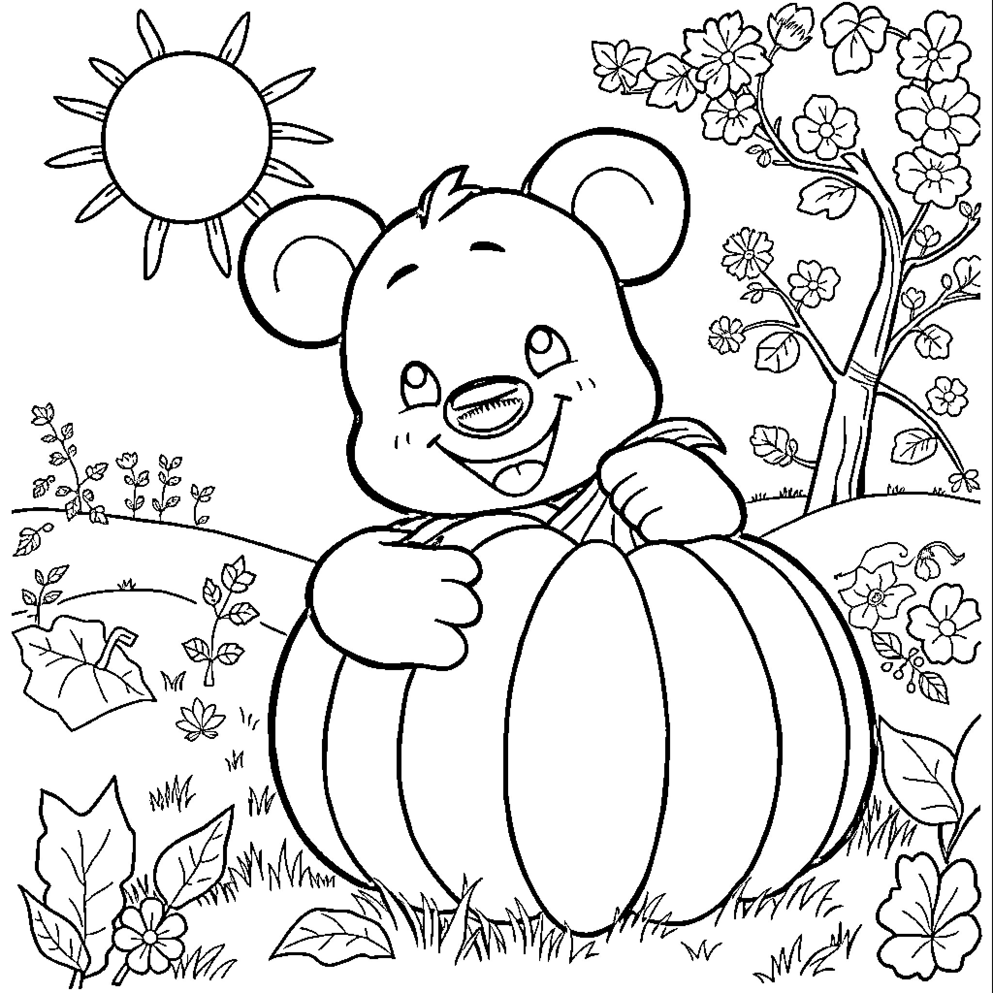 Bluey's Happy Pumpkin Adventure Coloring Page (free black-and-white line drawing printable PDF for all, from beginners to advanced learners, including children, teens, adults, and seniors)