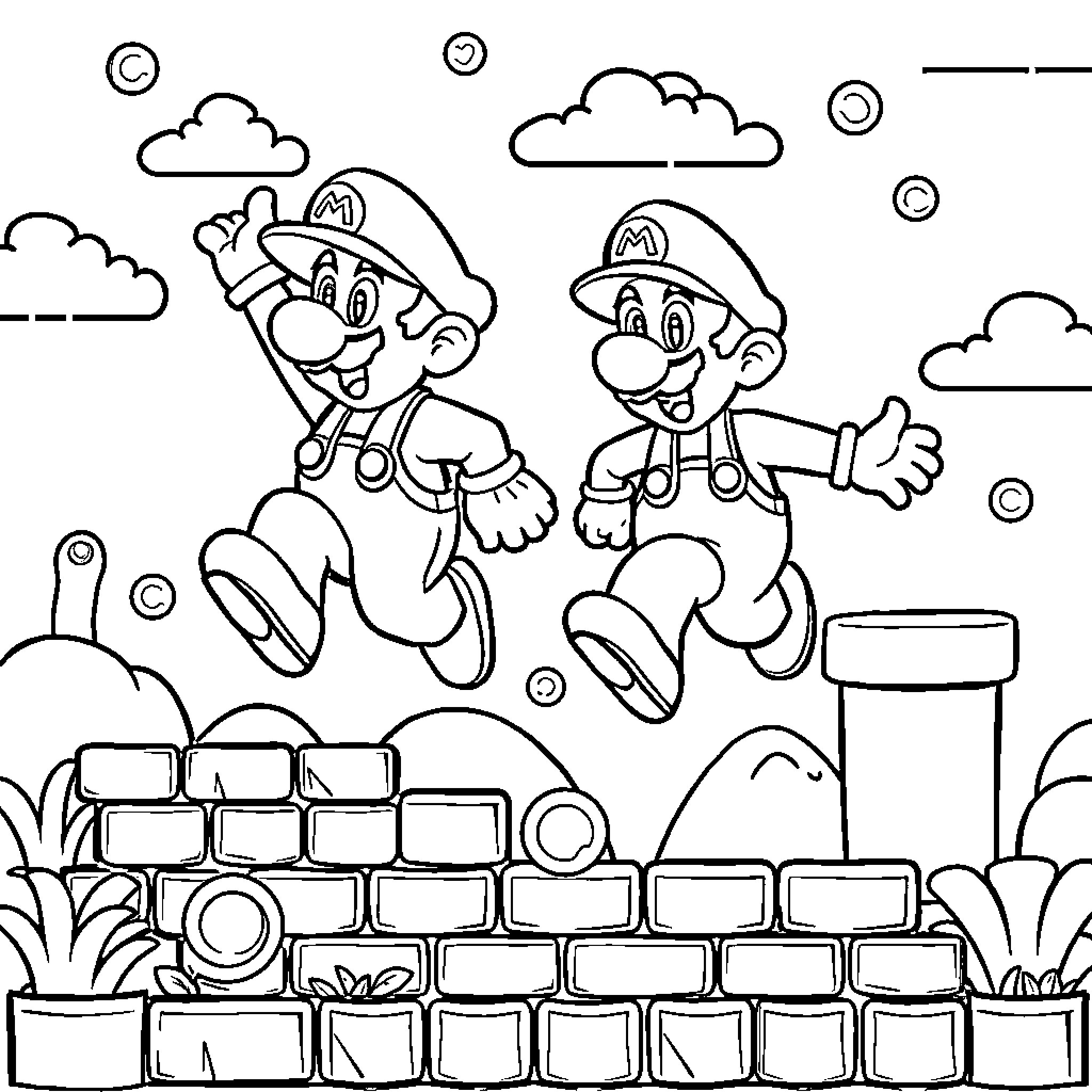 Mario Brothers Jumping and Running on Bricks Coloring Page (free black-and-white line drawing printable PDF for all, from beginners to advanced learners, including children, teens, adults, and seniors)
