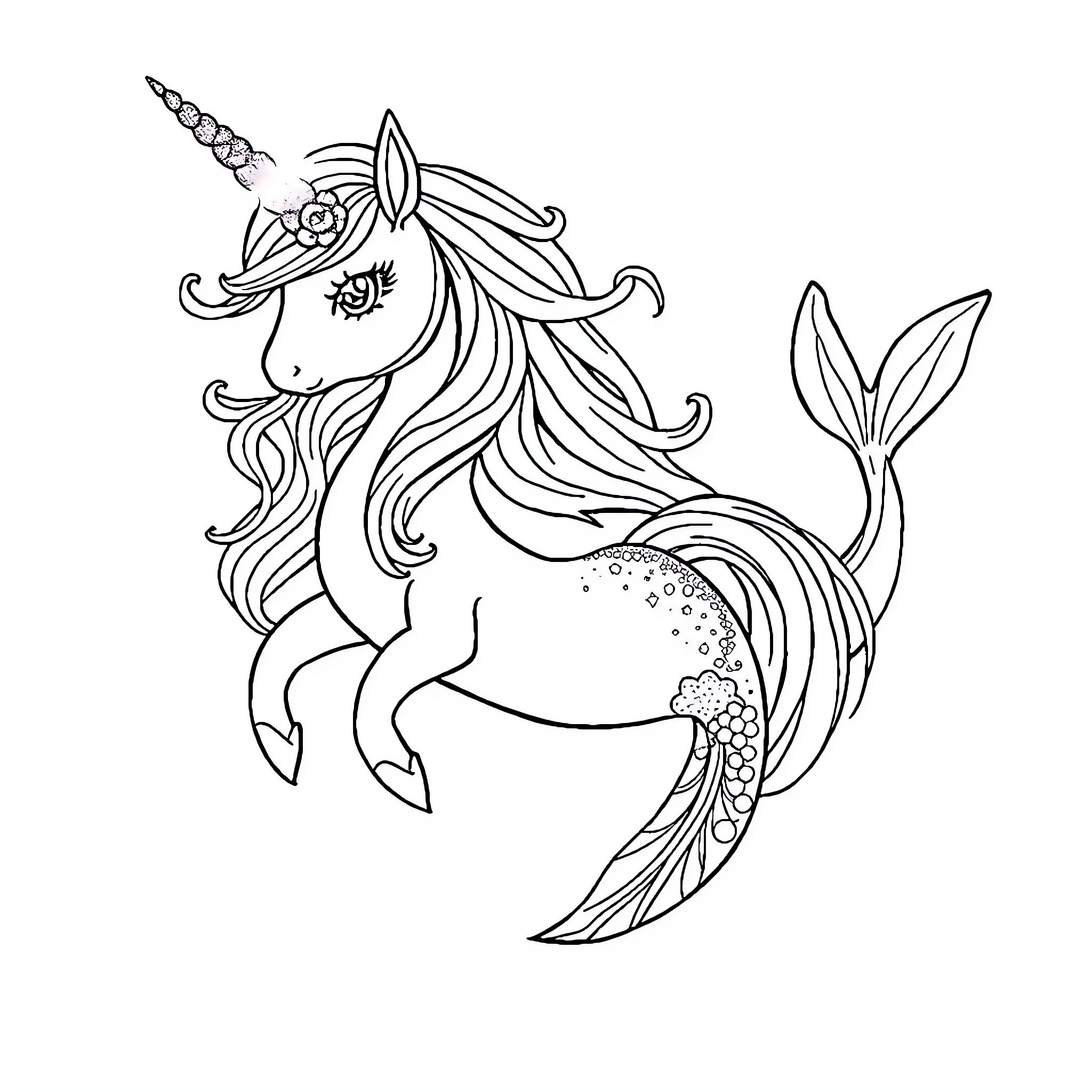Unicorn Mermaid swimming gracefully with flowing hair Coloring Page (free black-and-white line drawing printable PDF for all, from beginners to advanced learners, including children, teens, adults, and seniors)