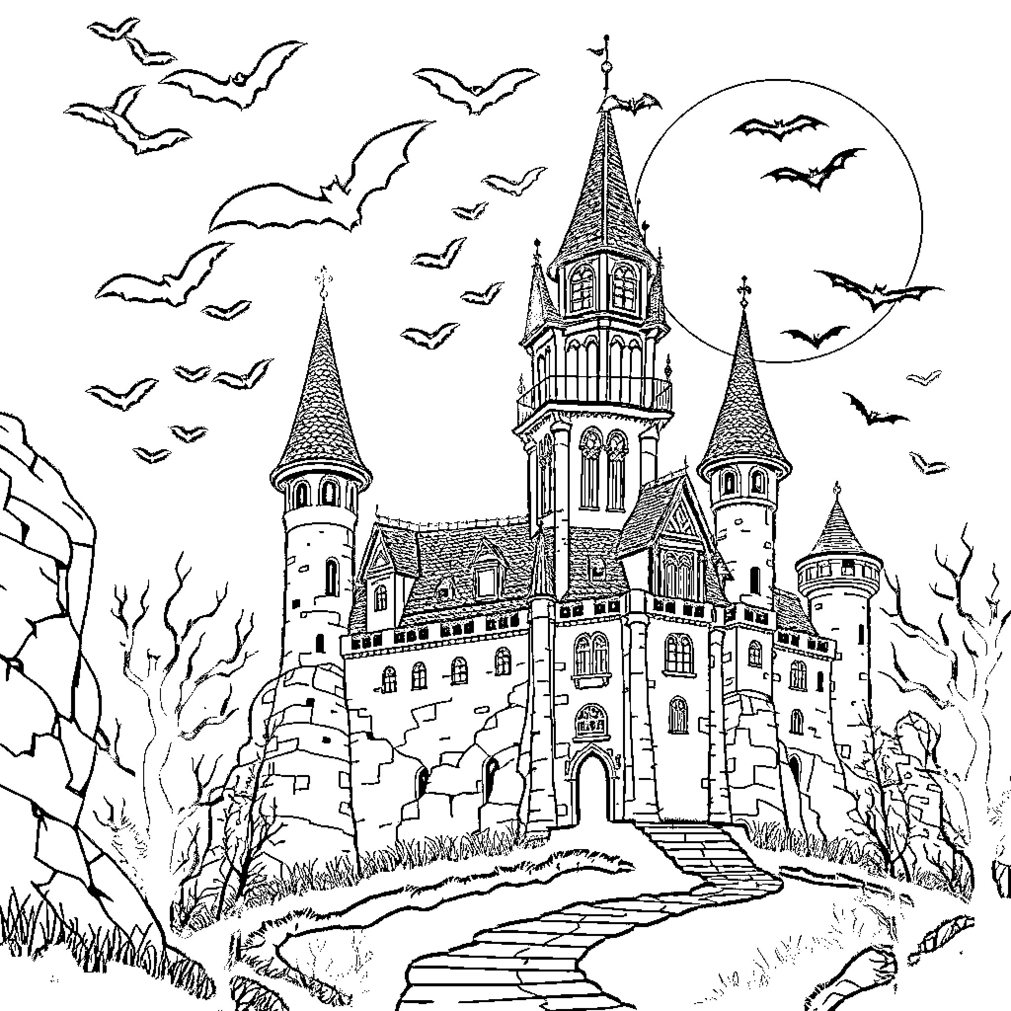 Castle with Spooky Bats and Haunting Atmosphere Coloring Page (free black-and-white line drawing printable PDF for all, from beginners to advanced learners, including children, teens, adults, and seniors)