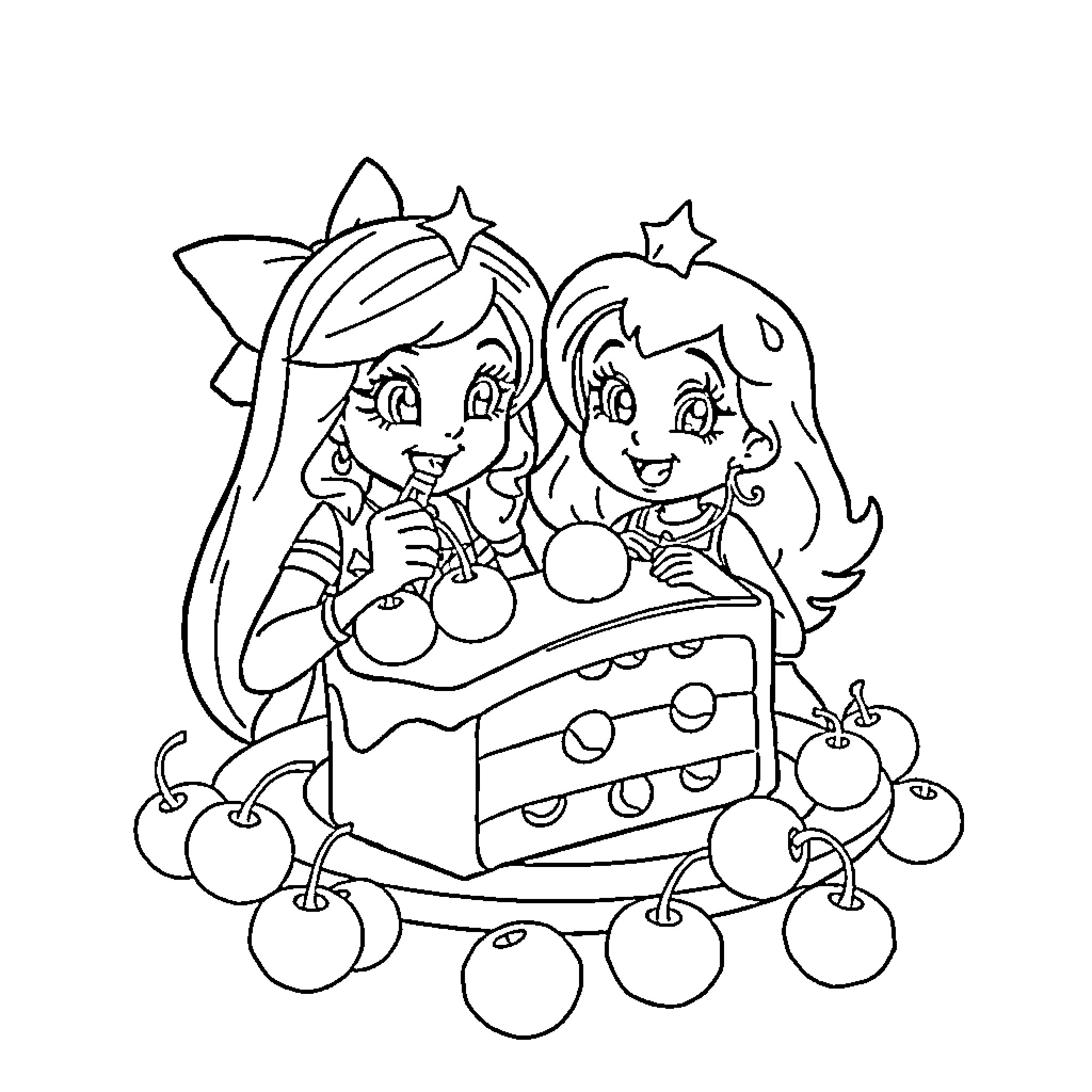 Rainbow Brite girls celebrating with sweet treats Coloring Page (free black-and-white line drawing printable PDF for all, from beginners to advanced learners, including children, teens, adults, and seniors)