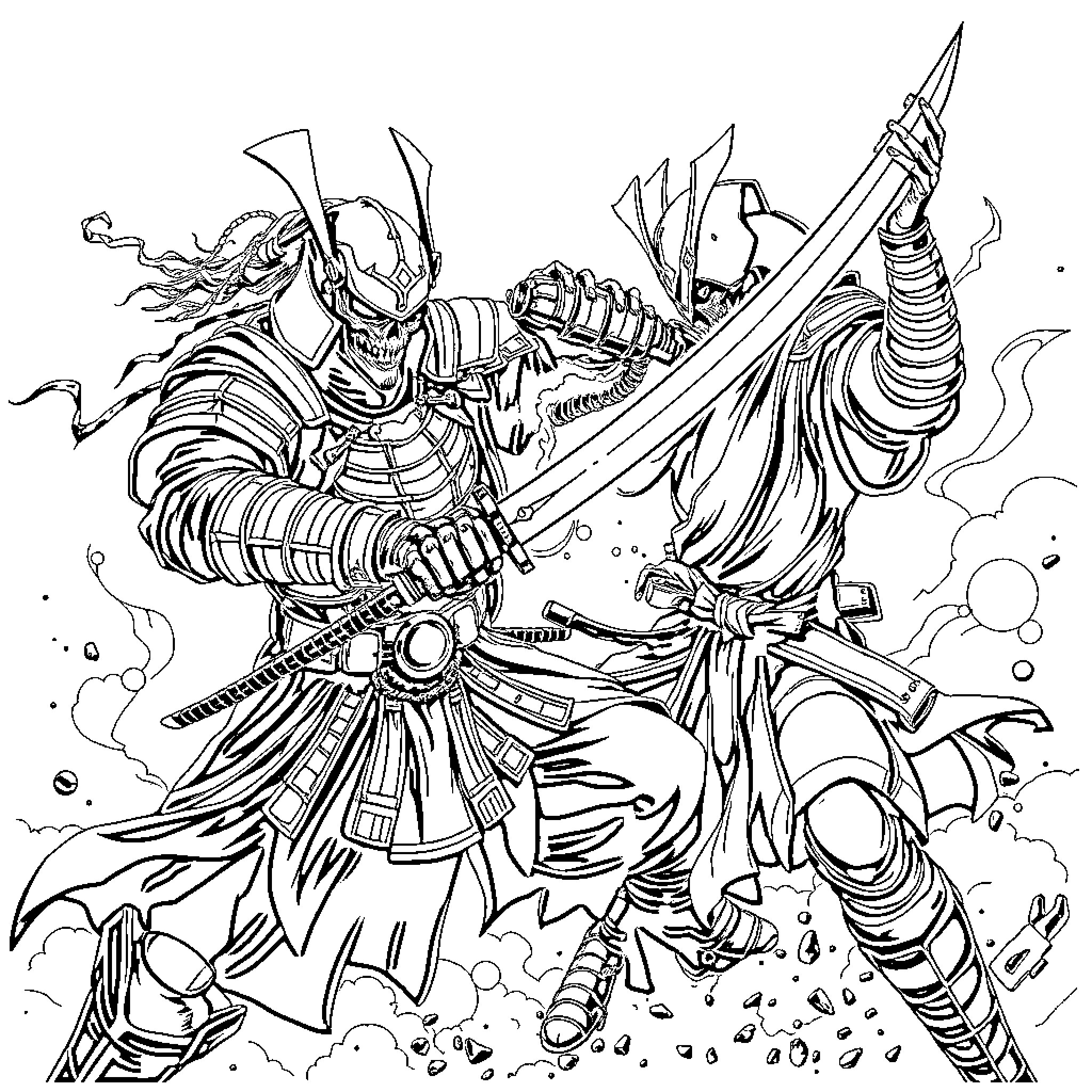 Deathdealer Warrior's Fierce Combat with Sword Coloring Page (free black-and-white line drawing printable PDF for all, from beginners to advanced learners, including children, teens, adults, and seniors)