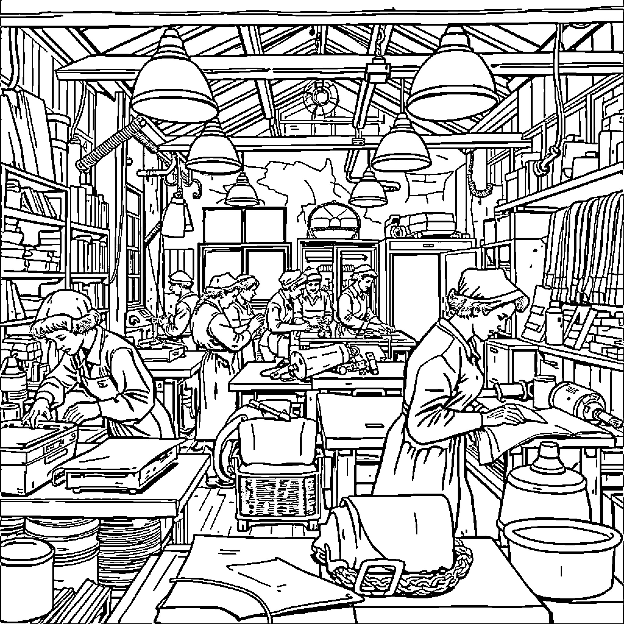 Workshop of Artisans at Work Coloring Page (free black-and-white line drawing printable PDF for all, from beginners to advanced learners, including children, teens, adults, and seniors)