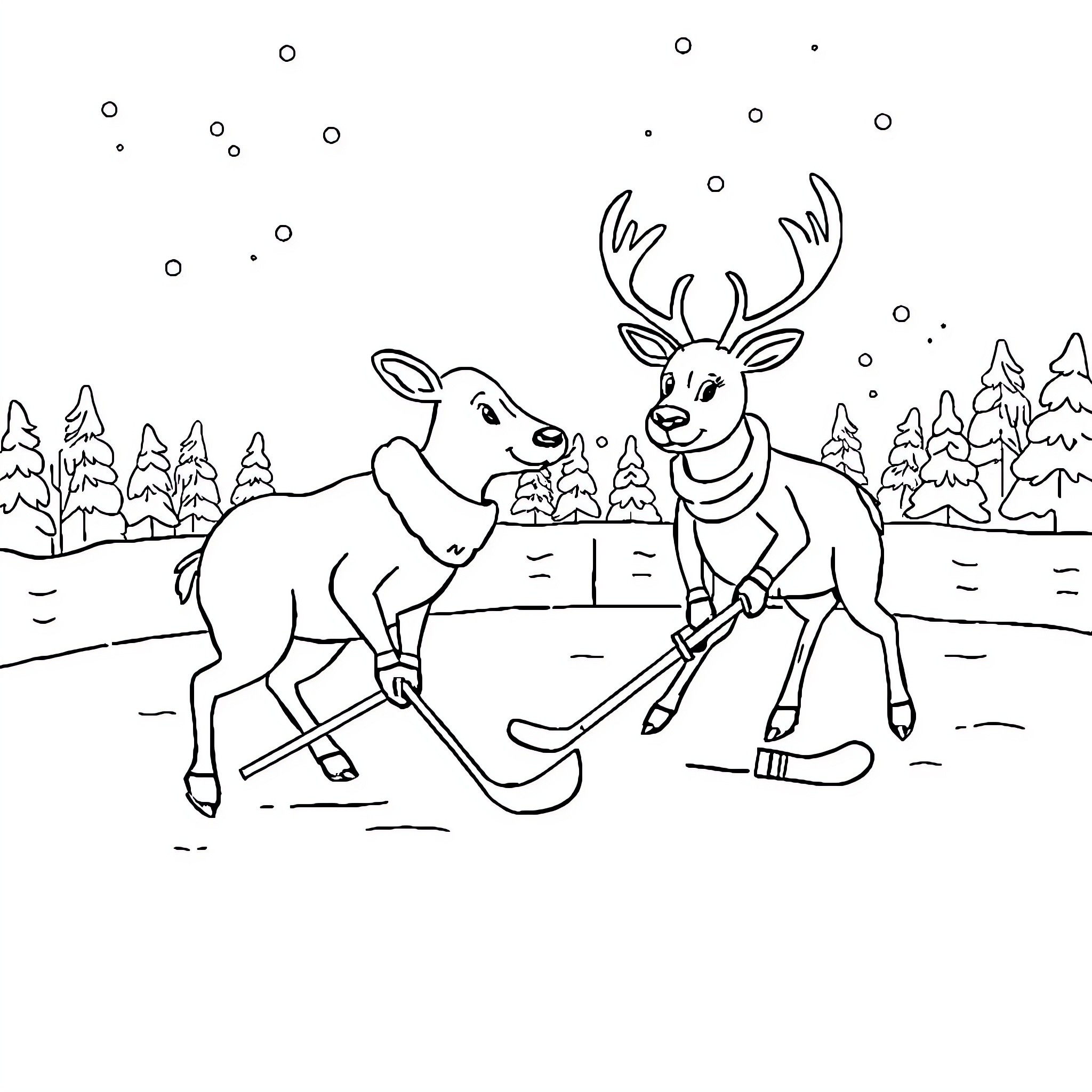 Deer playing with each other in the snowy forest Coloring Page (free black-and-white line drawing printable PDF for all, from beginners to advanced learners, including children, teens, adults, and seniors)
