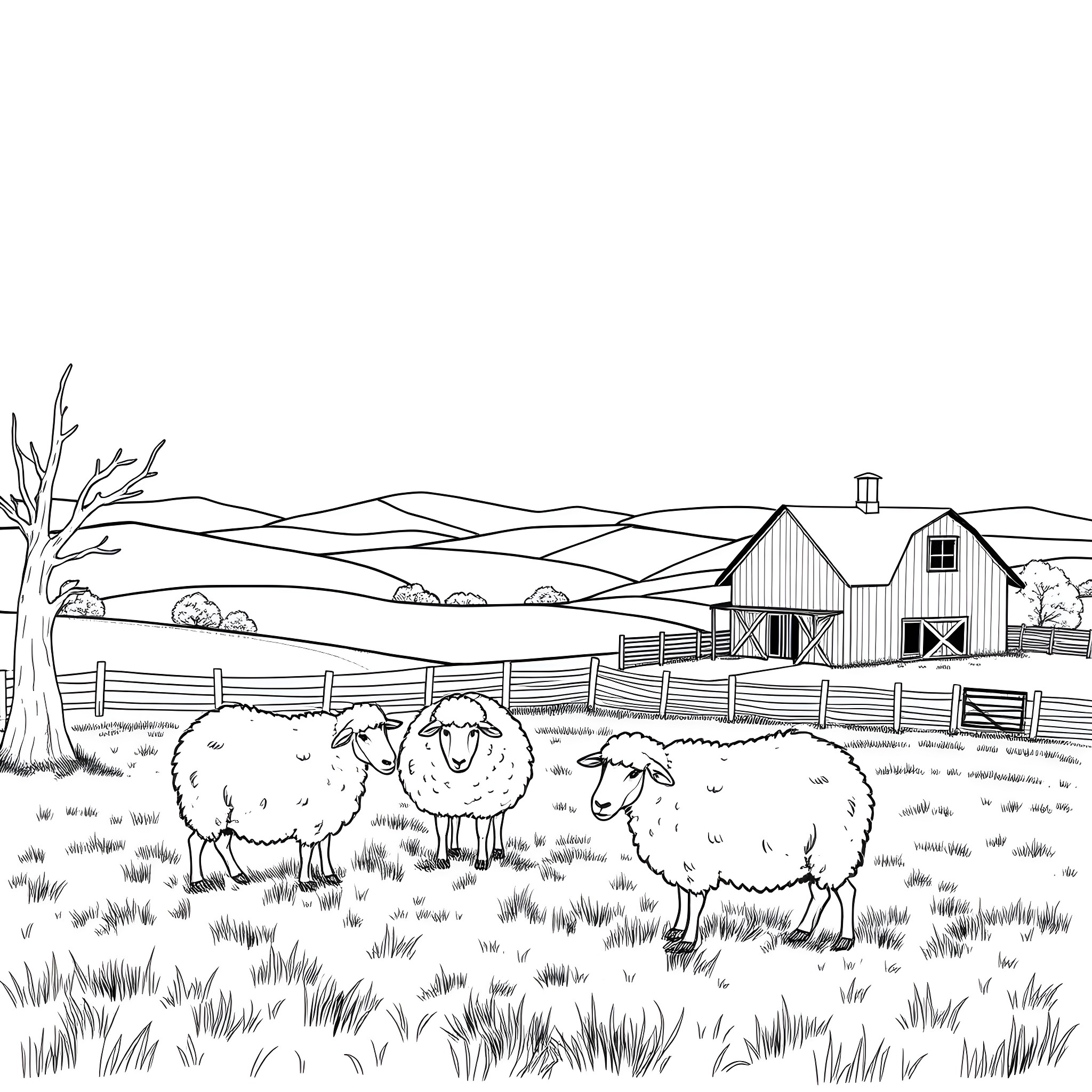 Sheep grazing in a peaceful rural farm landscape Coloring Page (free black-and-white line drawing printable PDF for all, from beginners to advanced learners, including children, teens, adults, and seniors)