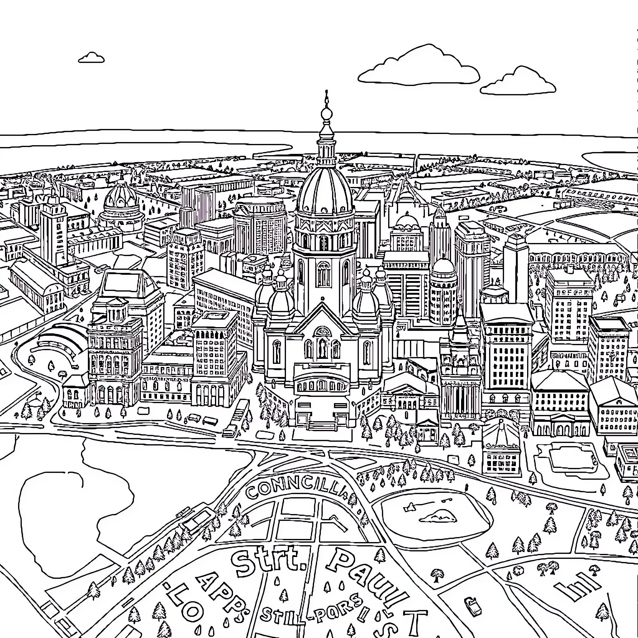 Map of a bustling urban cityscape with iconic landmarks Coloring Page (free black-and-white line drawing printable PDF for all, from beginners to advanced learners, including children, teens, adults, and seniors)