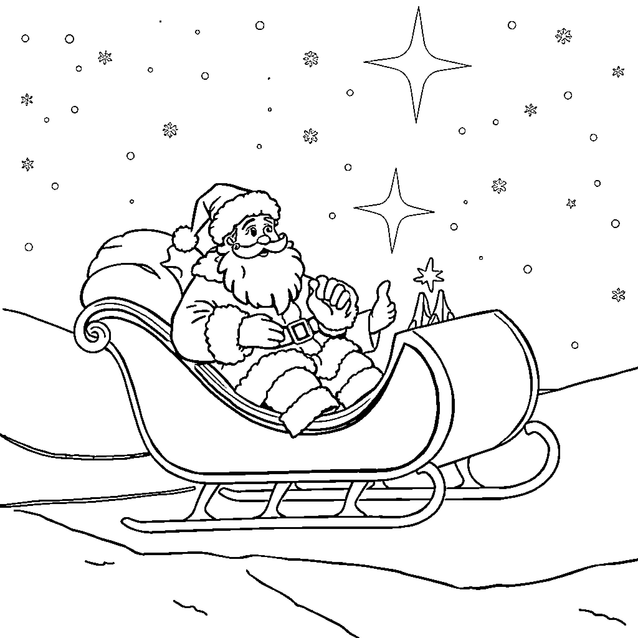 Santa riding a sleigh on a snowy night Coloring Page (free black-and-white line drawing printable PDF for all, from beginners to advanced learners, including children, teens, adults, and seniors)