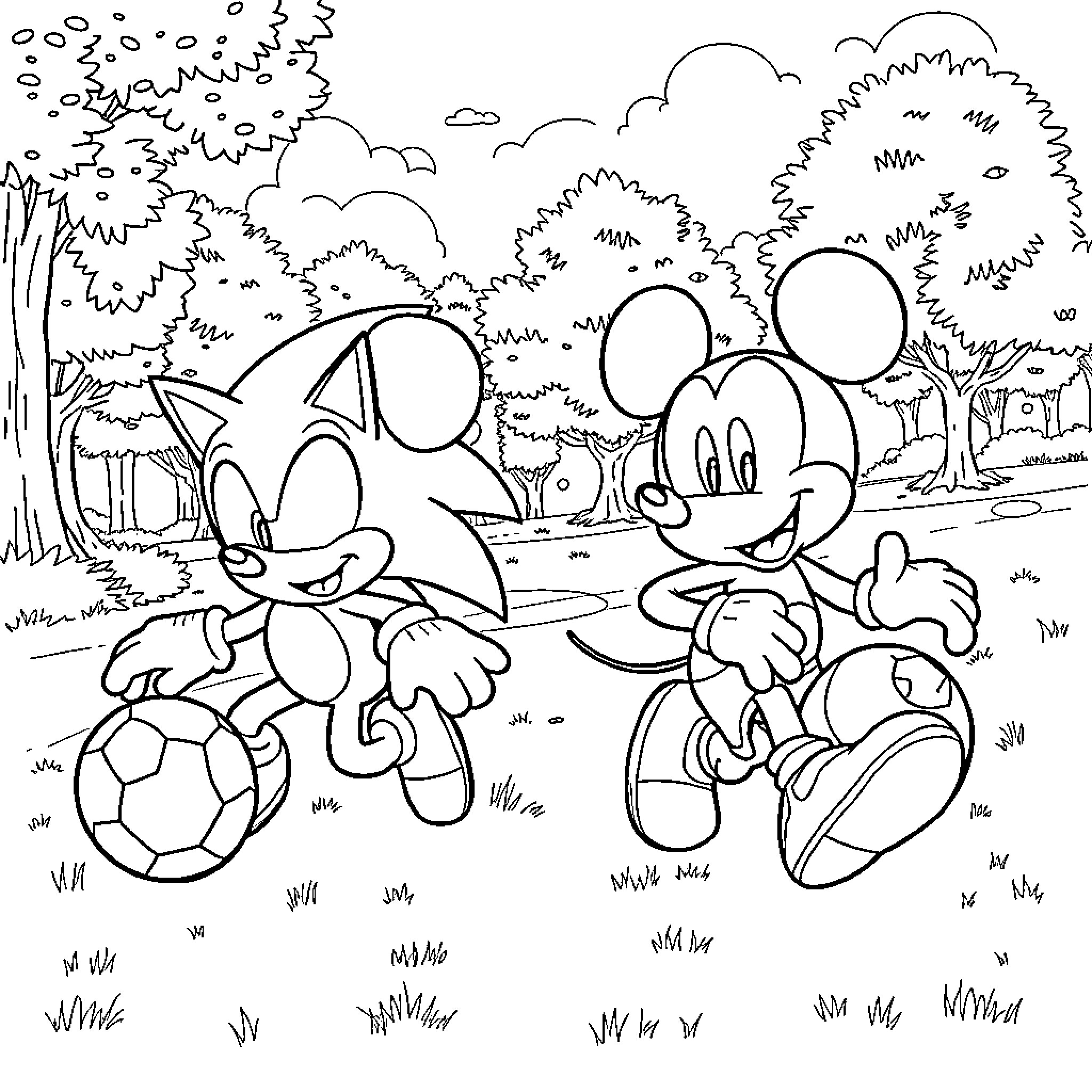 Sonic characters playing in outdoor park Coloring Page (free black-and-white line drawing printable PDF for all, from beginners to advanced learners, including children, teens, adults, and seniors)