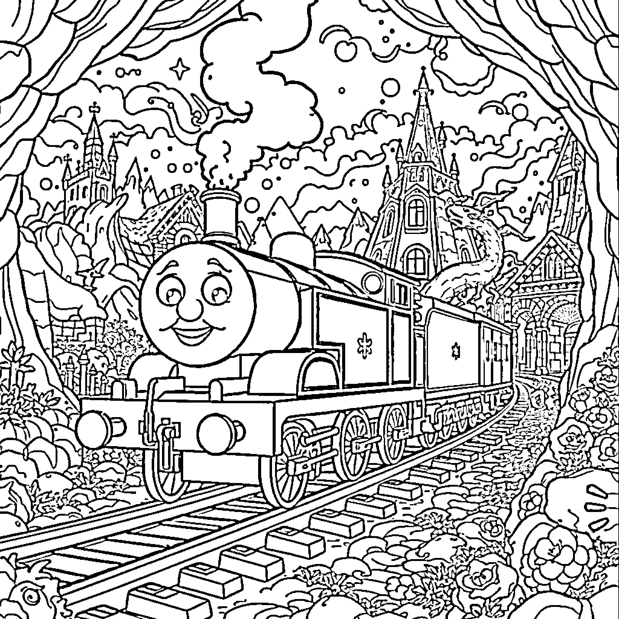 Thomas Travels Through the Magical Landscape Coloring Page (free black-and-white line drawing printable PDF for all, from beginners to advanced learners, including children, teens, adults, and seniors)