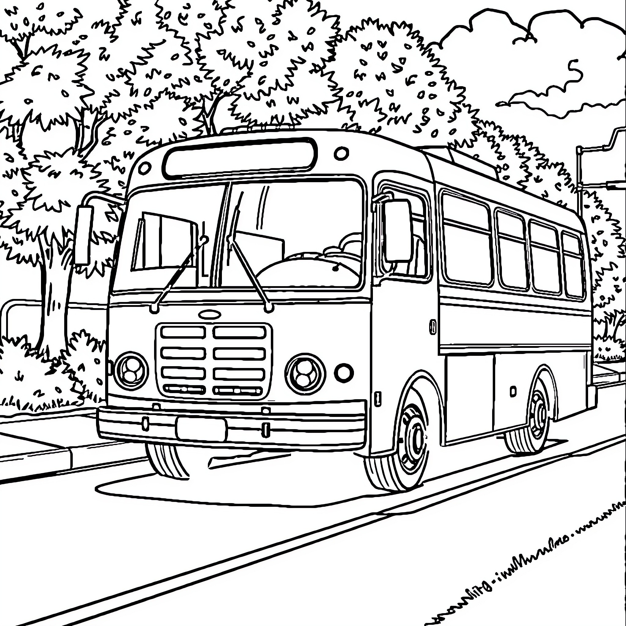 Bus Parked Amidst Trees and Nature Scenery Coloring Page (free black-and-white line drawing printable PDF for all, from beginners to advanced learners, including children, teens, adults, and seniors)