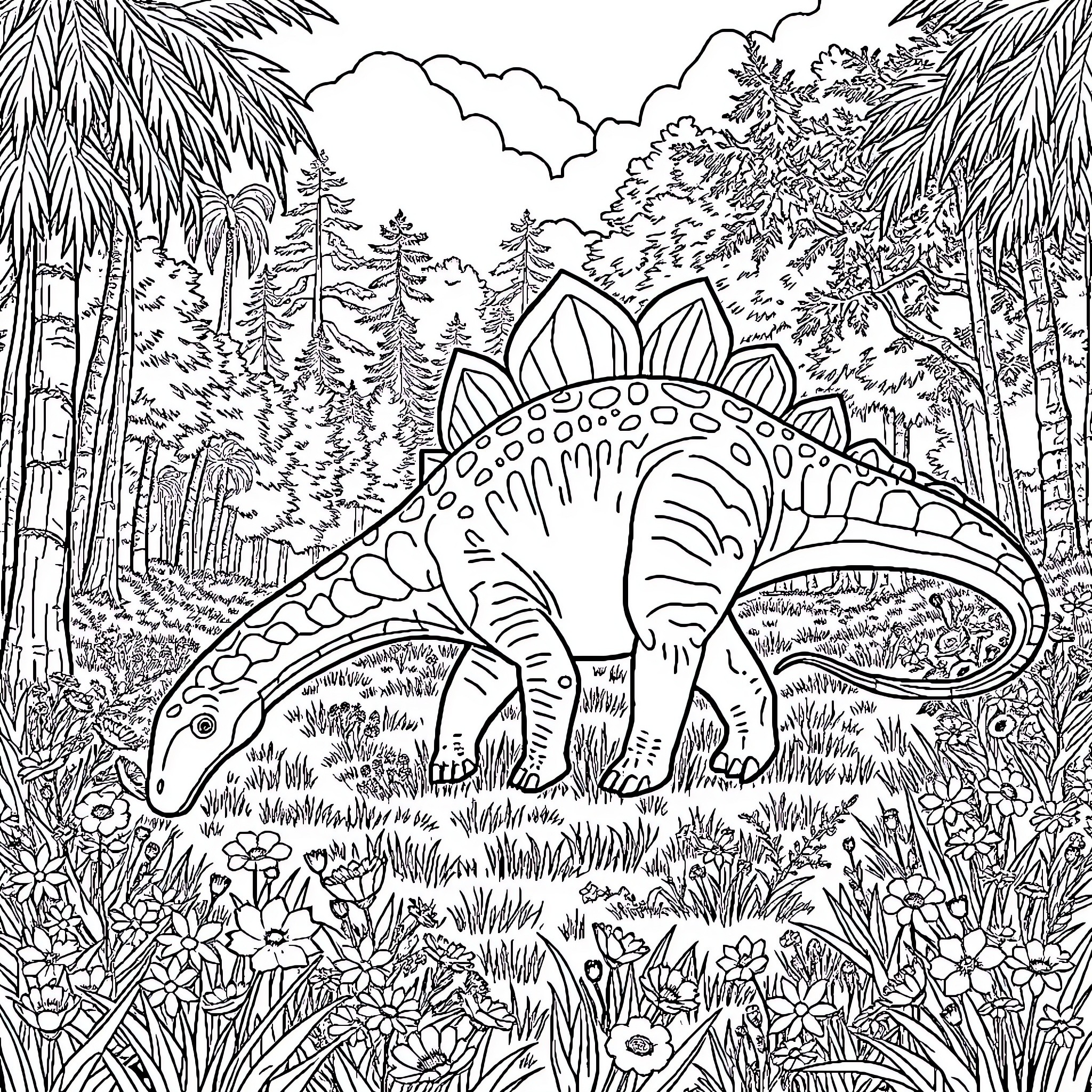 Therizinosaurus exploring the lush prehistoric landscape Coloring Page (free black-and-white line drawing printable PDF for all, from beginners to advanced learners, including children, teens, adults, and seniors)