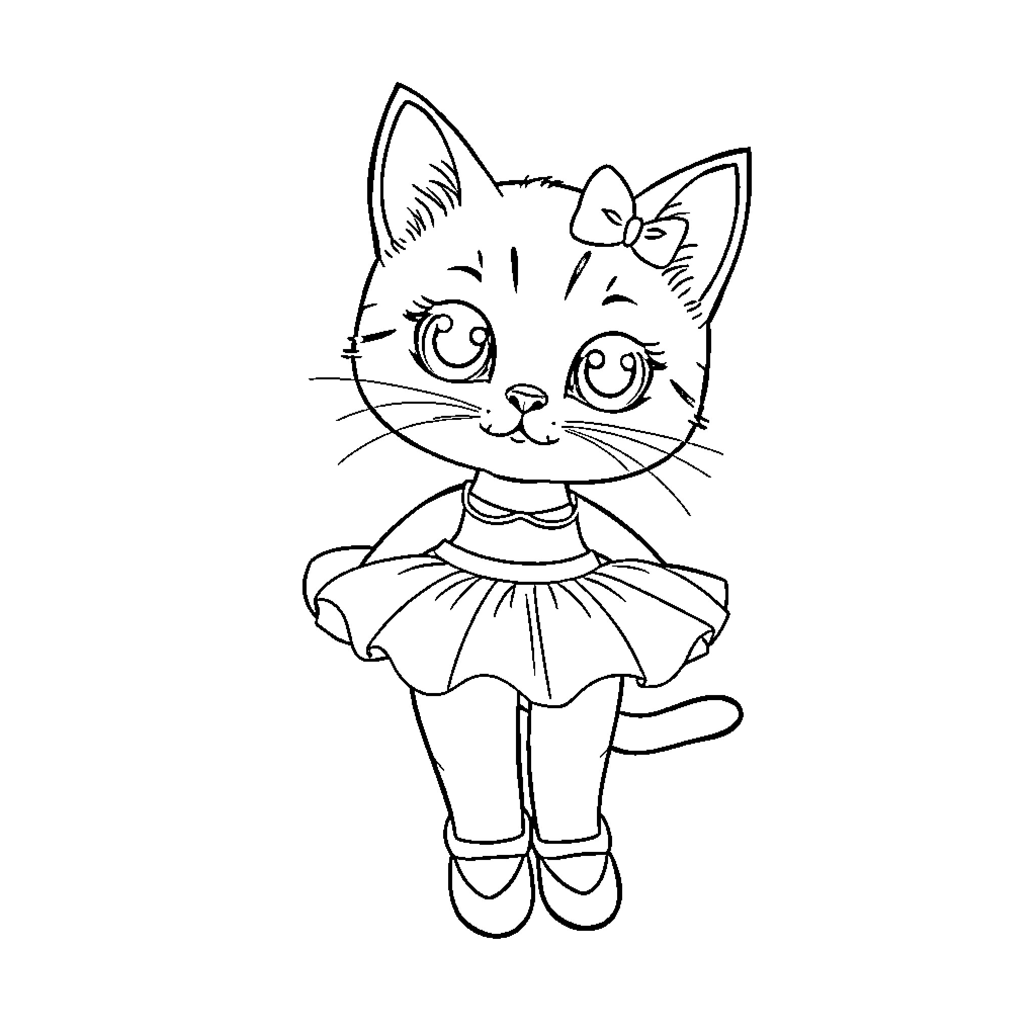 Cat ballerina in a fancy outfit Coloring Page (free black-and-white line drawing printable PDF for all, from beginners to advanced learners, including children, teens, adults, and seniors)