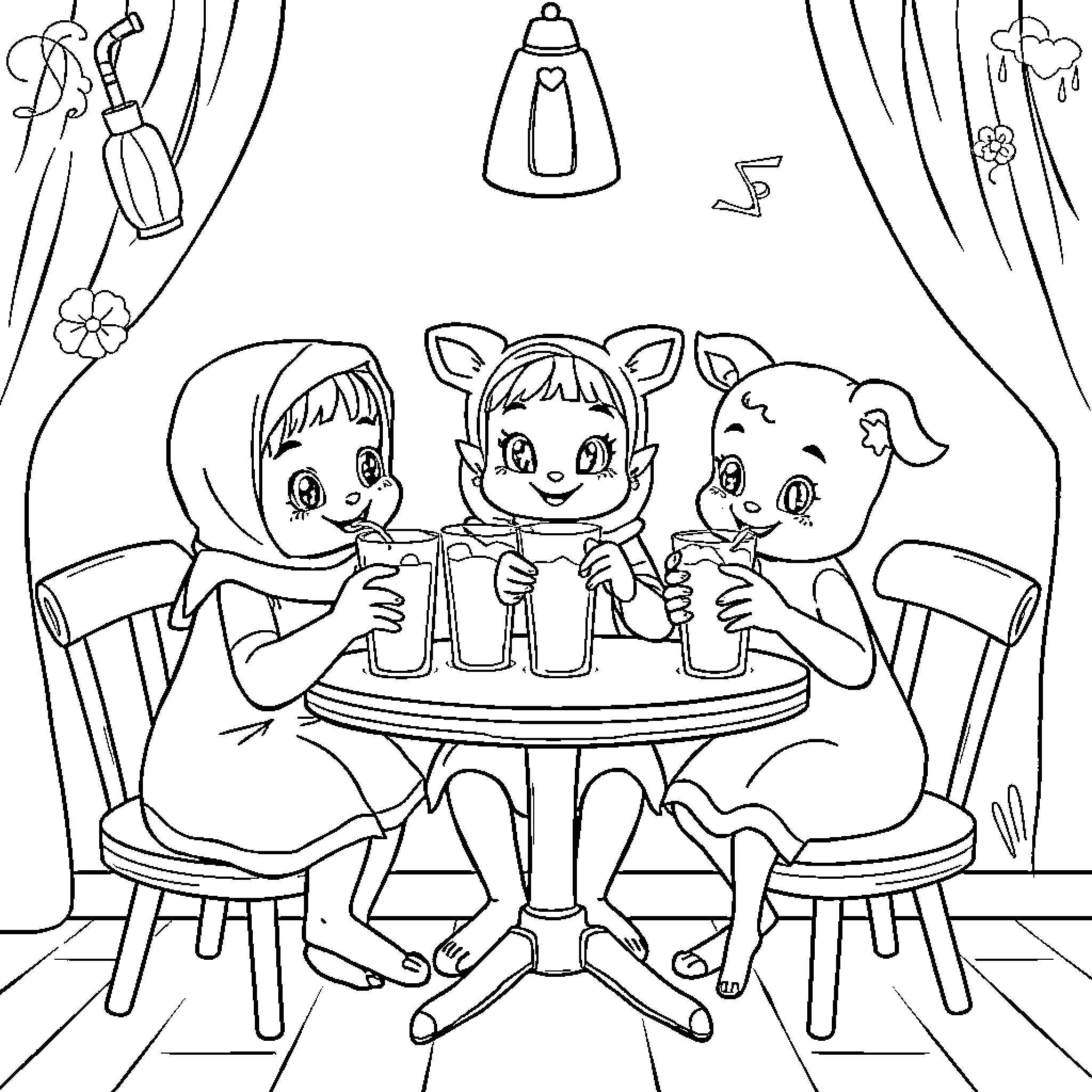 Rumi enjoying a snack with friends in a cozy setting Coloring Page (free black-and-white line drawing printable PDF for all, from beginners to advanced learners, including children, teens, adults, and seniors)