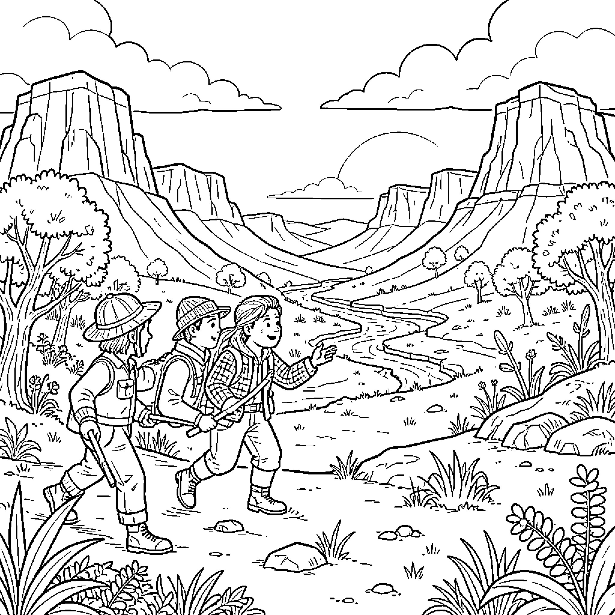 New Pioneers exploring a vast canyon landscape Coloring Page (free black-and-white line drawing printable PDF for all, from beginners to advanced learners, including children, teens, adults, and seniors)