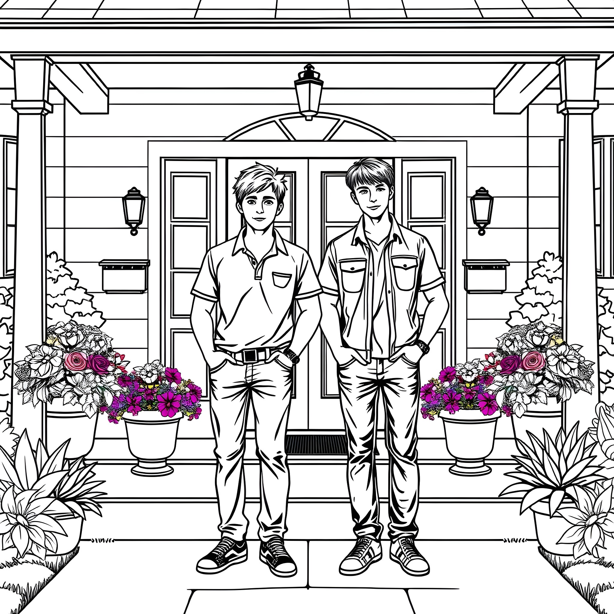 Teen Guys Standing in Front of Flower-Filled Porch Coloring Page (free black-and-white line drawing printable PDF for all, from beginners to advanced learners, including children, teens, adults, and seniors)
