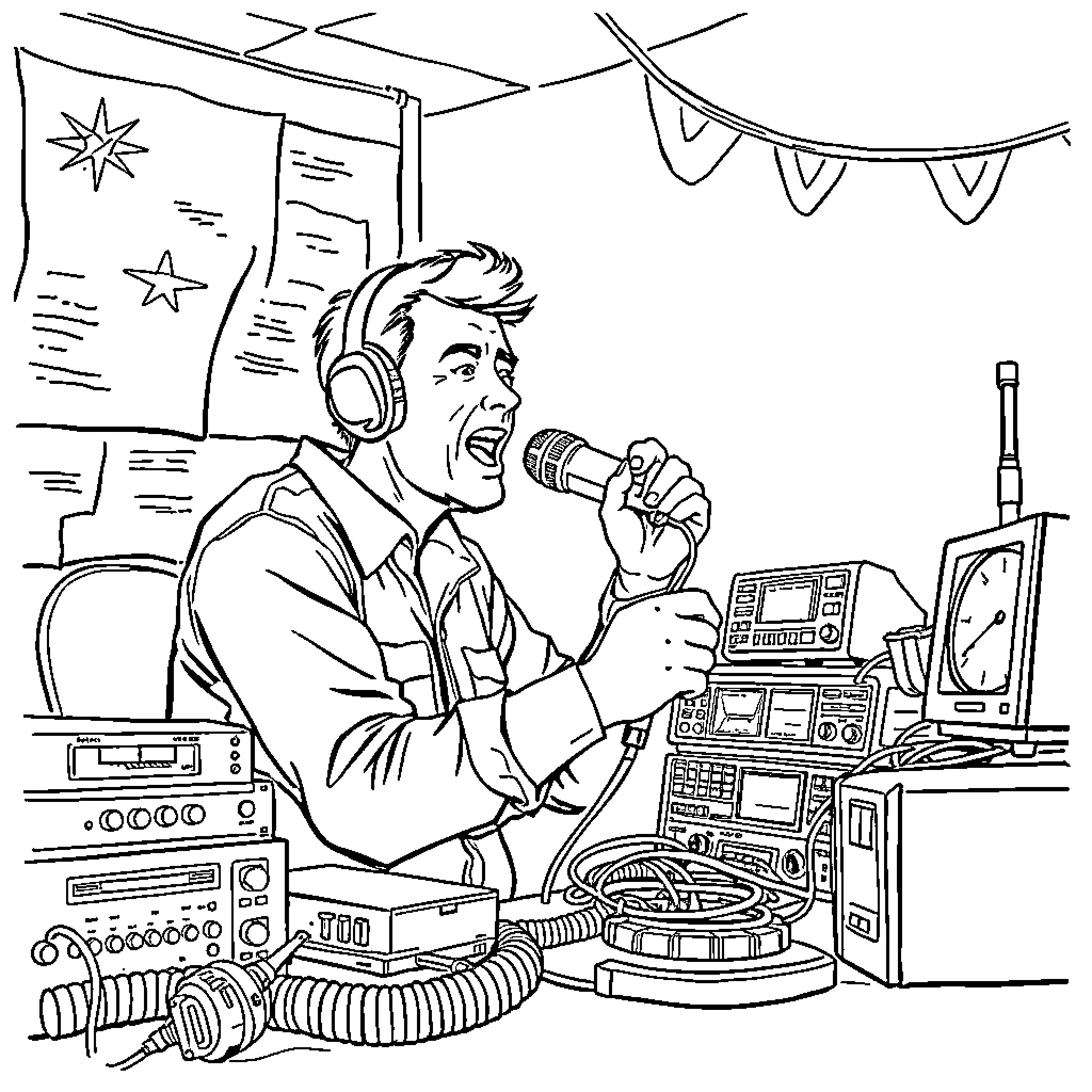 Person singing into a microphone in a recording studio Coloring Page (free black-and-white line drawing printable PDF for all, from beginners to advanced learners, including children, teens, adults, and seniors)