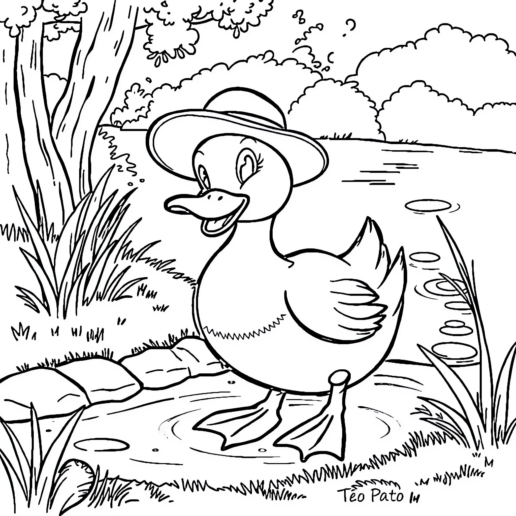 Duck Uncle enjoying a peaceful day in nature Coloring Page (free black-and-white line drawing printable PDF for all, from beginners to advanced learners, including children, teens, adults, and seniors)